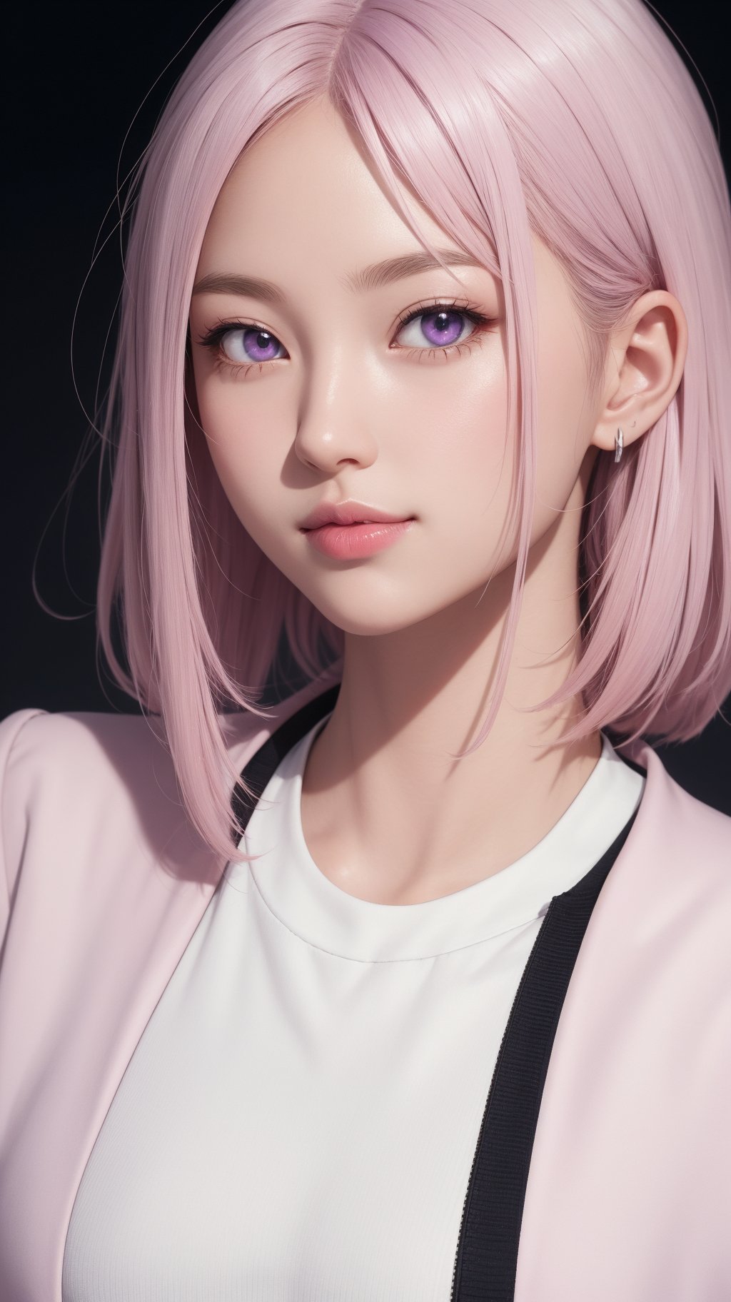 masterpiece, best quality, thin, ((slim)), beautiful girl, Light pink hair, white skin, light purple eyes, sharp jawline, cropped jacket, messy hair, lips, upper body, close up, smirk