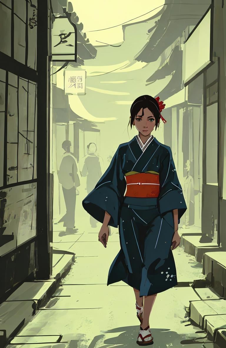 <lora:Paint_style-000007:.8> ,  a girl walking on the street, kimono , cinematic,  looking at viewer 