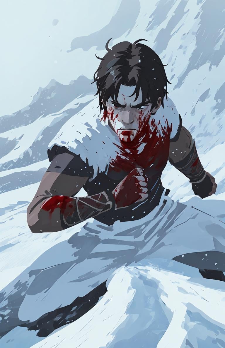 <lora:Paint_style-000007:.8> , a warrior fighting, blood , ghibli, a detailed matte painting, snow