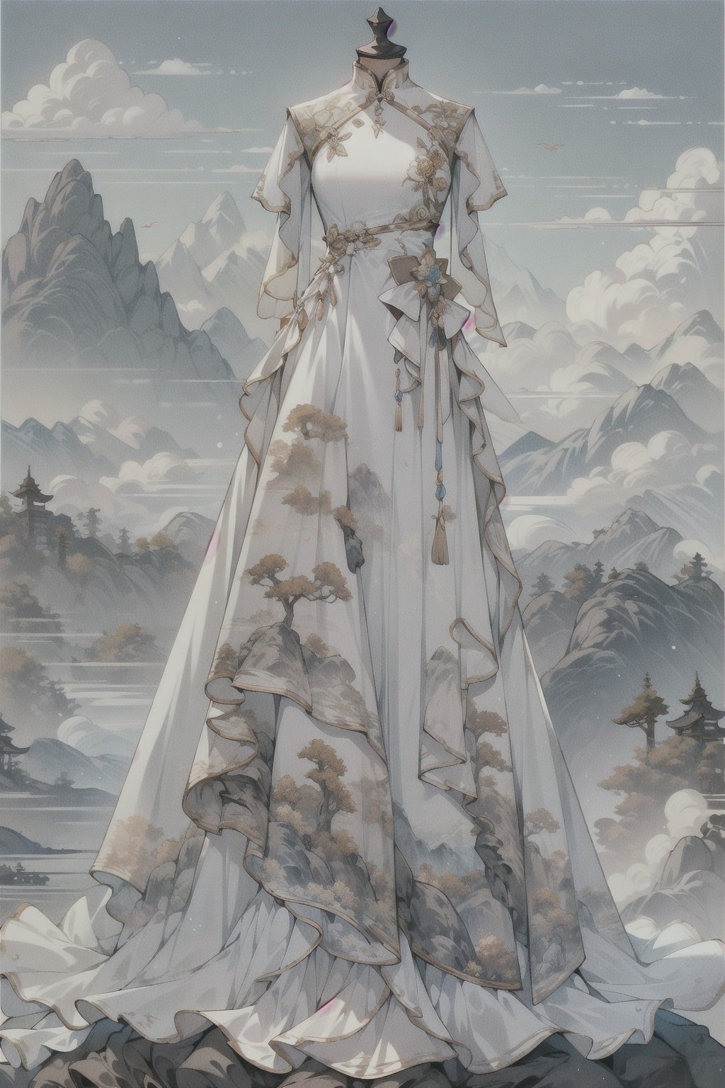  1girl,1 girl,dress,cloud,mountain, outdoors, pillar, standing, statue, white dress