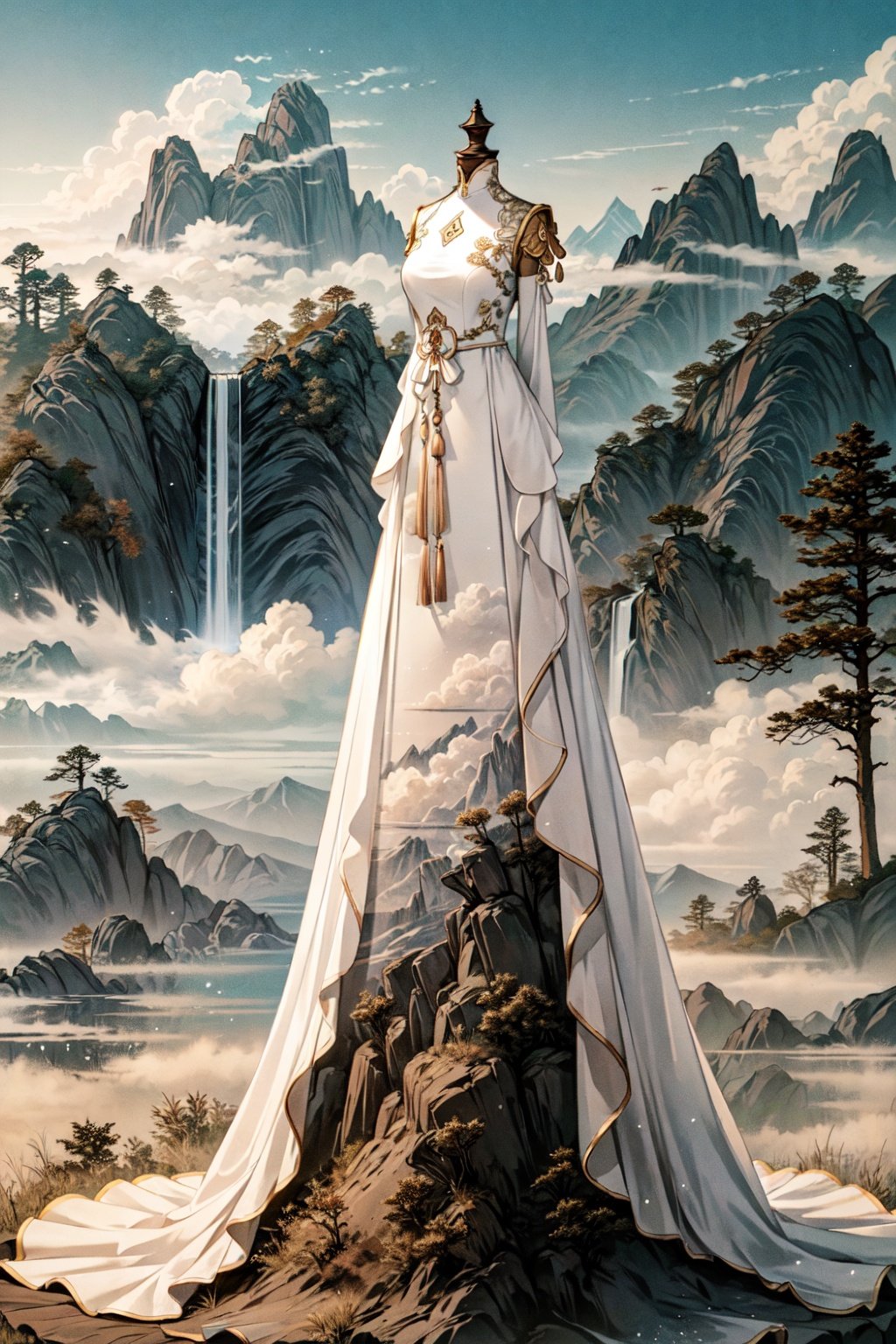  1girl,1 girl,dress,cloud,mountain, outdoors, pillar, standing, statue, white dress