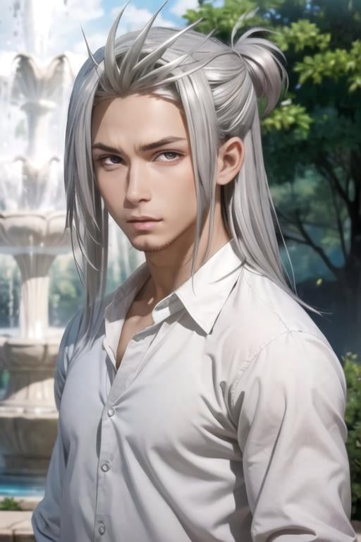 masterpiece, best quality, , 1boy, solo, male focus, looking at viewer, upper body, depth of field, , , <lora:heads_hydra:0.70>, heads_hydra, grey hair, grey eyes, long hair, dress shirt, , fountain, HD-DVD