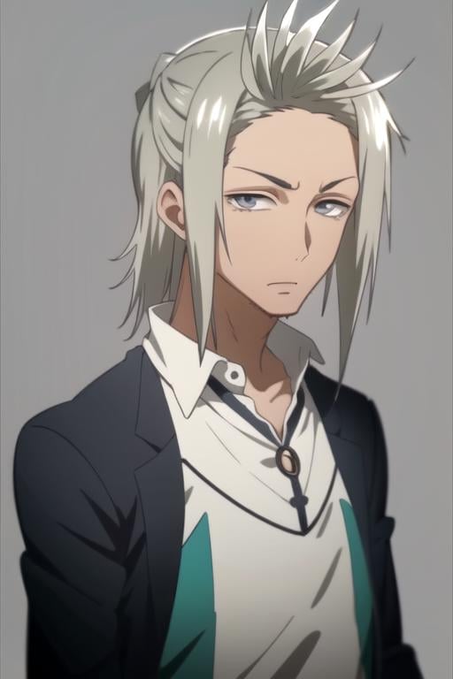 masterpiece, best quality, , 1boy, solo, male focus, looking at viewer, upper body, depth of field, anime coloring, , <lora:heads_hydra:0.76>, heads_hydra, grey hair, grey eyes, , linen shirt, , steampunk,