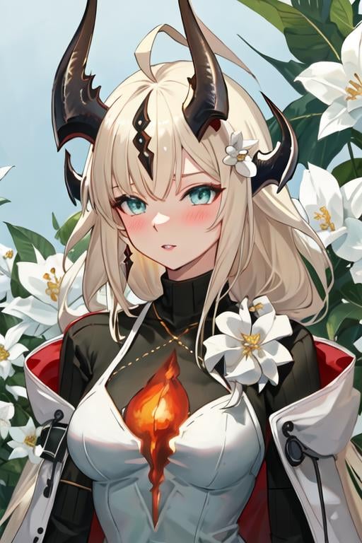 best quality, masterpiece, highres, solo, {reed_arknights:1.15}, horns, long_hair, dragon_horns, ahoge, bangs, blonde_hair, upper_body, blue_eyes, tail, breasts, white_hair, green_eyes, 1girl, flower, looking_at_viewer, white_flower, parted_lips, medium_breasts, blush, dress, hair_flower, hair_ornament, white_dress