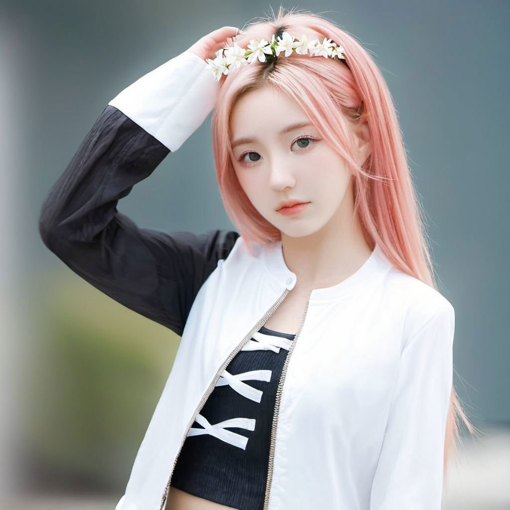 yeseo, 1girl, solo, blurry background, pink hair, outdoors, light on face, realistic, black eyes, upper body, lips, detailed eyes, detailed iris, detailed face, day, sky, realistic, blurry, blue sky, shirt, white shirt, beautiful hair, jacket, flower crown, closed mouth, looking at viewer, highres, <lora:sayhello0o-XL-yeseo-000003:1>