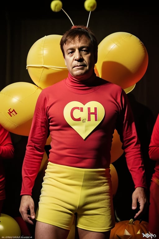 araffe man in a red shirt and yellow shorts juggling with balls, from avengers: endgame (2019), mexican warrior, mark e smith, cosplayer dressed like a crab, twitter pfp, chilaquiles, oompa loompa virus, bruh moment, official product photo, kaki body suit, el chavo, meme template, halloween,chapulincolorado, On his chest ((a close up of a heart with the word CH on it))