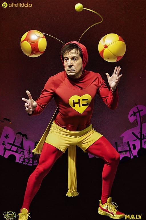 araffe man in a red shirt and yellow shorts juggling with balls, from avengers: endgame (2019), mexican warrior, mark e smith, cosplayer dressed like a crab, twitter pfp, chilaquiles, oompa loompa virus, bruh moment, official product photo, kaki body suit, el chavo, meme template, halloween,chapulincolorado