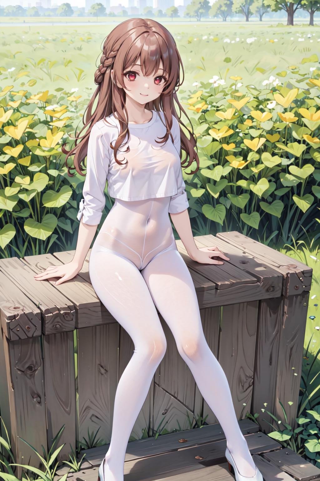 1girl,solo, <lora:Aoi2:0.4>aoisan,red eyes,brown hair,smile,full body,standing,outdoors,grasslands,street,sitting,  <lora:bodystockingV1:1>white shirt, cropped shirt, skin tight, white bodystocking