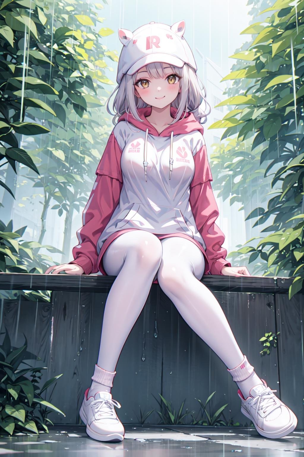 masterpiece, best quality,shiny,chromatic aberration abuse,pastel color,full body,wide shot,1girl,solo,  brown eyes, smile,long hair,glossy skinlooking at viewer,mature female,architecture,trees,alley,rain,sitting, own hands together,  <lora:AliceHomeClothingHoodieV1:1>hoodie, white pantyhose,socks,white shoes,baseball cap, animal ears, 