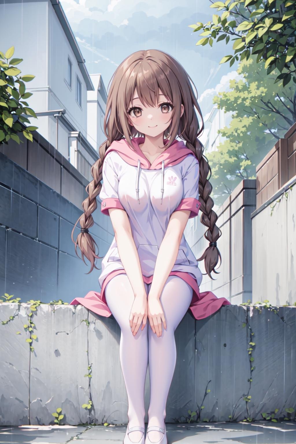 masterpiece, best quality,shiny,chromatic aberration abuse,pastel color,full body,wide shot,1girl,solo, <lora:mizuki2-000012:0.6>mizukiA,twin braid,long hair,brown eyes,brown hair,smile,looking at viewer,mature female,architecture,trees,alley,rain,sitting, own hands together,  <lora:AliceHomeClothingHoodieV1:1>pink hoodie, white pantyhose,