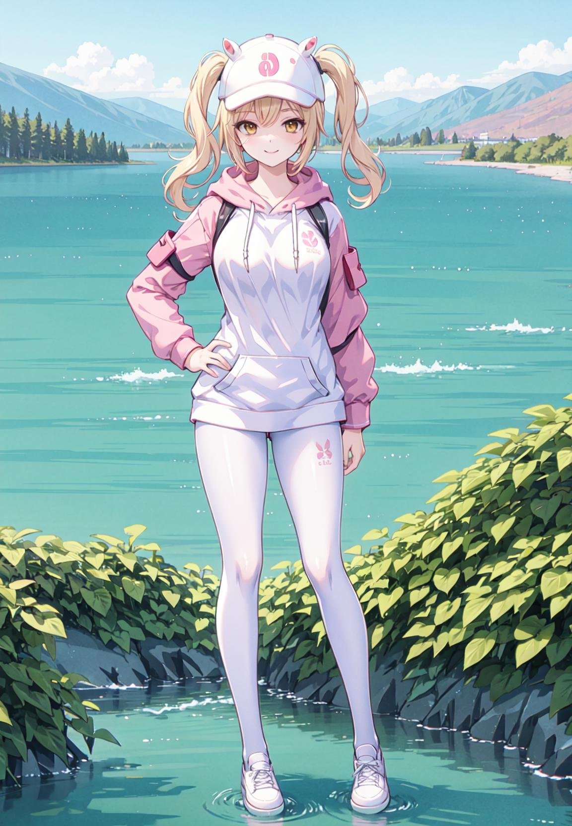 masterpiece, best quality,shiny,chromatic aberration abuse,pastel color,wide shot, full body,1girl,solo, <lora:yuki2-000014:0.5>yukiT,smile,blonde hair,yellow eyes,twintails, looking at viewer,mature female,outdoors,lake,mountainous horizon, autumn, standing,hand on hip,  <lora:AliceHomeClothingHoodieV1:1> hoodie, white pantyhose,white shoes,baseball cap, animal ears, 