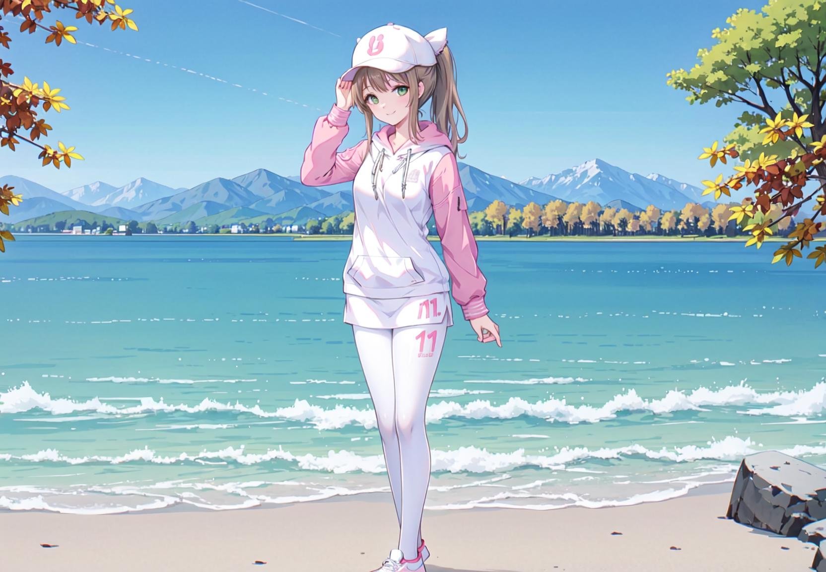 masterpiece, best quality,shiny,chromatic aberration abuse,pastel color,wide shot, full body,1girl,solo, <lora:misaki3:0.5>,misakiA,green eyes, looking at viewer,ponytail,ribbon,smile,looking at viewer,mature female,outdoors,lake,mountainous horizon, autumn, standing <lora:AliceHomeClothingHoodieV1:1> hoodie, baseball cap, white pantyhose