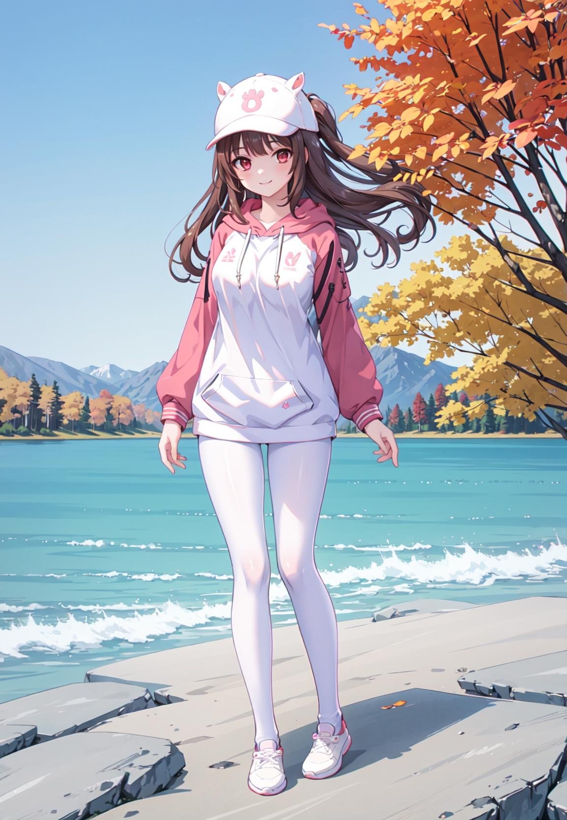 masterpiece, best quality,shiny,chromatic aberration abuse,pastel color,wide shot, full body,1girl,solo, <lora:Aoi2:0.4>aoisan,red eyes,brown hair,smile,long hair, looking at viewer,mature female,outdoors,lake,mountainous horizon, autumn, standing <lora:AliceHomeClothingHoodieV1:1> hoodie, baseball cap, white pantyhose,socks,animal ears, 