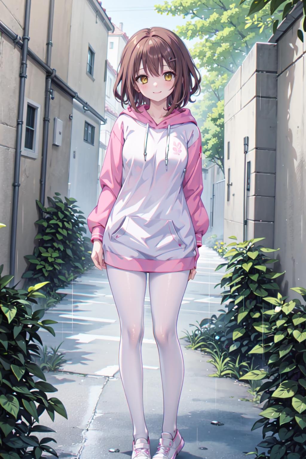 masterpiece, best quality,shiny,chromatic aberration abuse,pastel color,full body,wide shot,1girl,solo,<lora:akiko2:0.7>,akiko,hair ornament, brown hair, yellow eyes,smile,looking at viewer,mature female,architecture,trees,alley,rain,standing, hand on own face,  <lora:AliceHomeClothingHoodieV1:1>pink hoodie, white pantyhose,