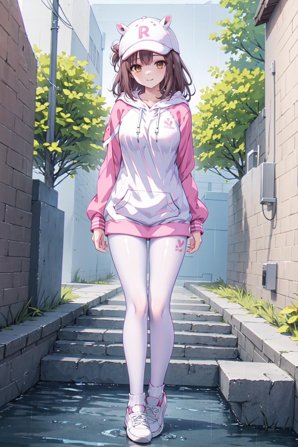 masterpiece, best quality,shiny,chromatic aberration abuse,pastel color,full body,wide shot,1girl,solo,  <lora:chihiro-000010:0.6> chihiro,brown eyes, smile,looking at viewer,mature female,architecture,trees,alley,rain,standing,arms behind back, <lora:AliceHomeClothingHoodieV1:1>hoodie, white pantyhose,socks,white shoes,baseball cap, animal ears, 