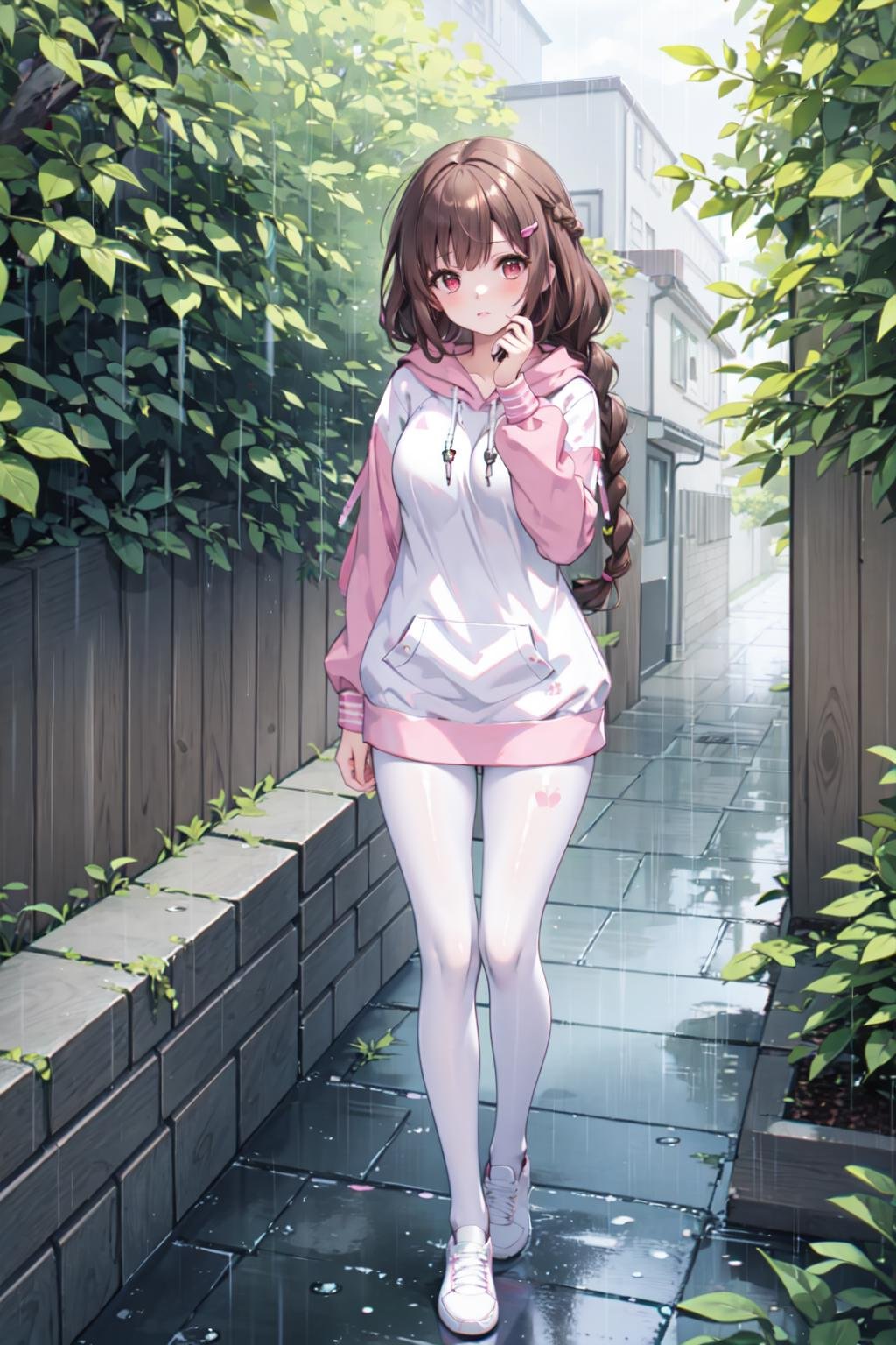 masterpiece, best quality,shiny,chromatic aberration abuse,pastel color,full body,wide shot,1girl, solo, brown hair, long hair, hair ornament,  braid, hairclip, red eyes, <lora:izumi:0.4>,looking at viewer,mature female,architecture,trees,alley,rain,standing, hand on own face,  <lora:AliceHomeClothingHoodieV1:1>pink hoodie, white pantyhose,