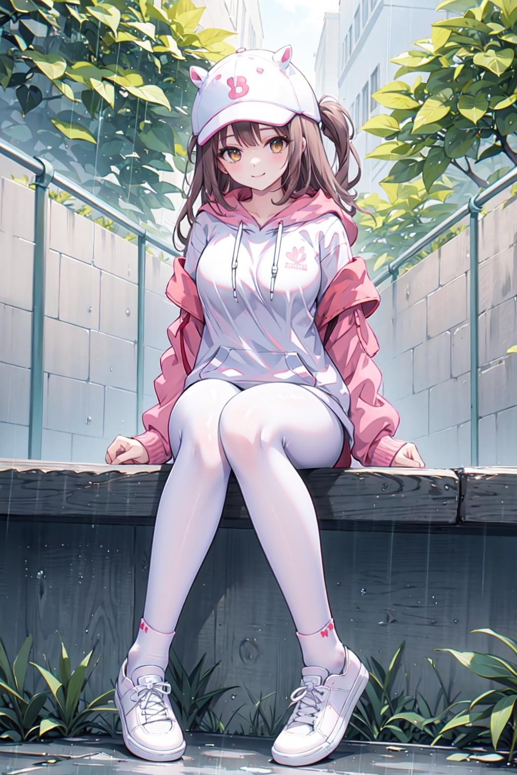 masterpiece, best quality,shiny,chromatic aberration abuse,pastel color,full body,wide shot,1girl,solo,  <lora:chihiro-000010:0.6> chihiro,brown eyes, smile,long hair,glossy skinlooking at viewer,mature female,architecture,trees,alley,rain,sitting, spread legs,  <lora:AliceHomeClothingHoodieV1:1>hoodie, white pantyhose,socks,white shoes,baseball cap, animal ears, 