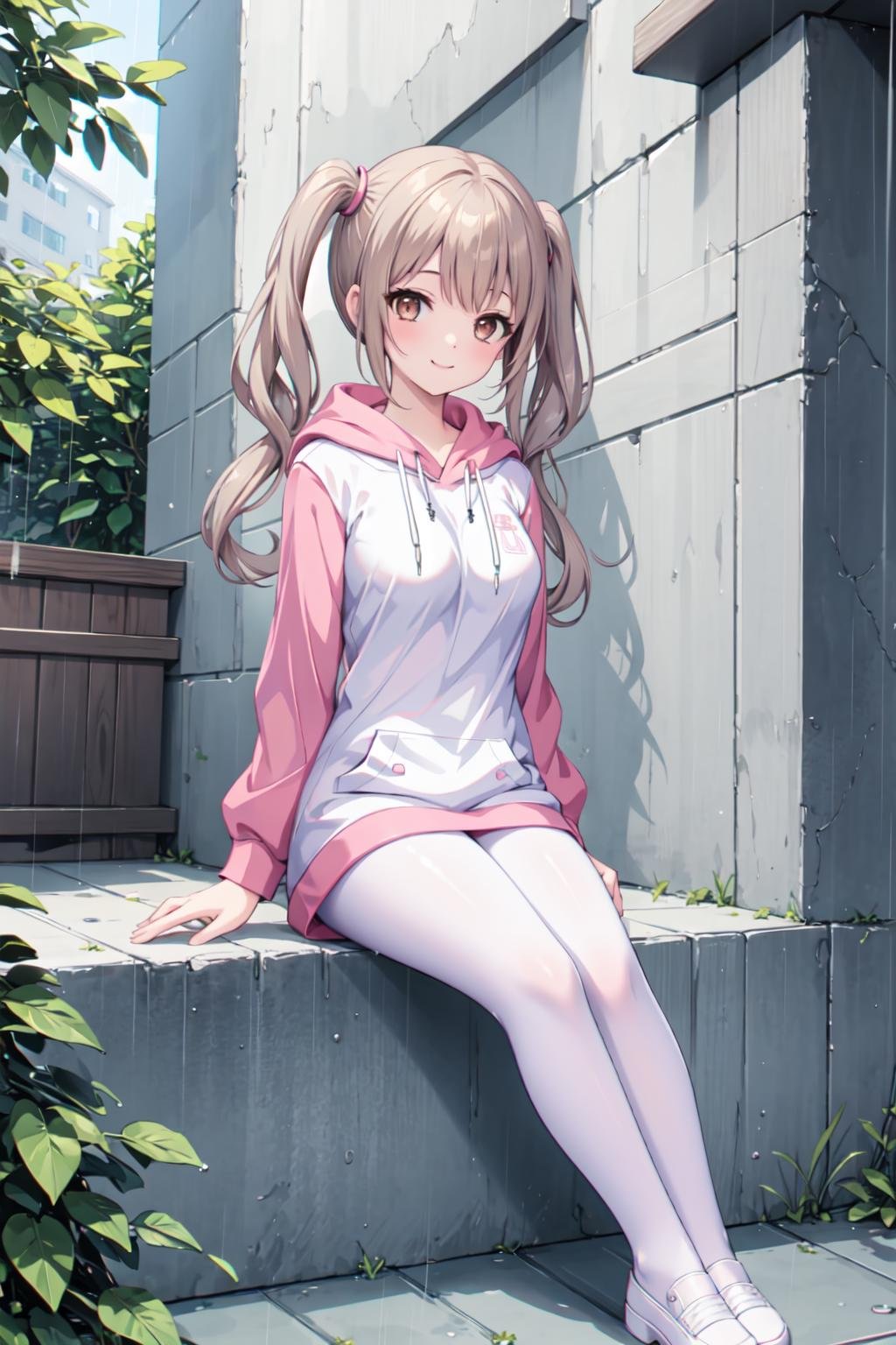 masterpiece, best quality,shiny,chromatic aberration abuse,pastel color,full body,wide shot,1girl,solo, <lora:mizuki2-000012:0.5>mizukiT,twintail,brown eyes,brown hair,smile,looking at viewer,mature female,architecture,trees,alley,rain,sitting, own hands together,  <lora:AliceHomeClothingHoodieV1:1>pink hoodie, white pantyhose,