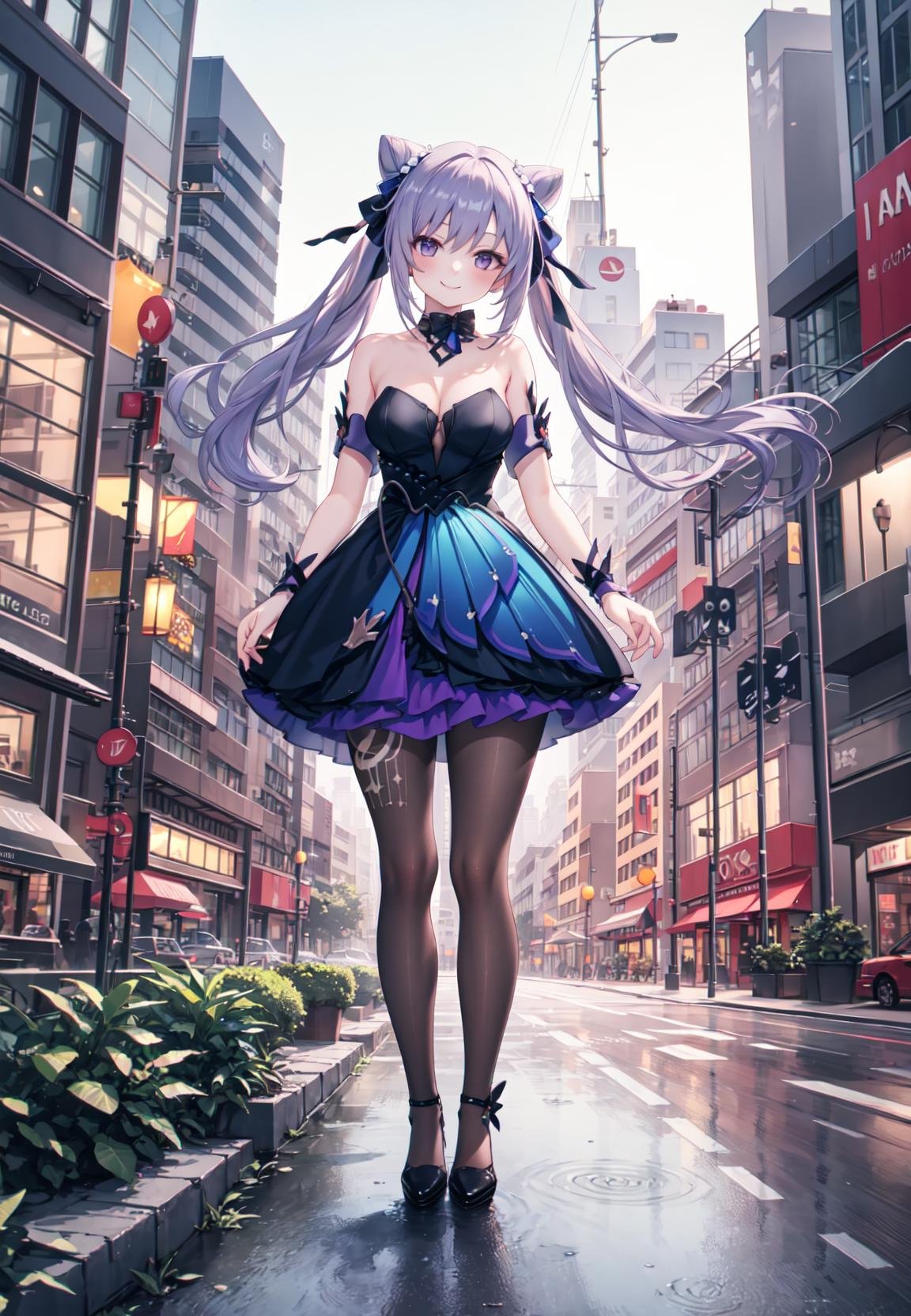 masterpiece, best quality,shiny,chromatic aberration abuse,pastel color,wide shot, full body,1girl,solo, twintails, cone hair bun, fake animal ears, double bun, hair ornament, purple horns, smile,outdoors,cityscape, street,city light <lora:outfitkeqing-000007:0.8>,strapless two-tone dress,pantyhose,