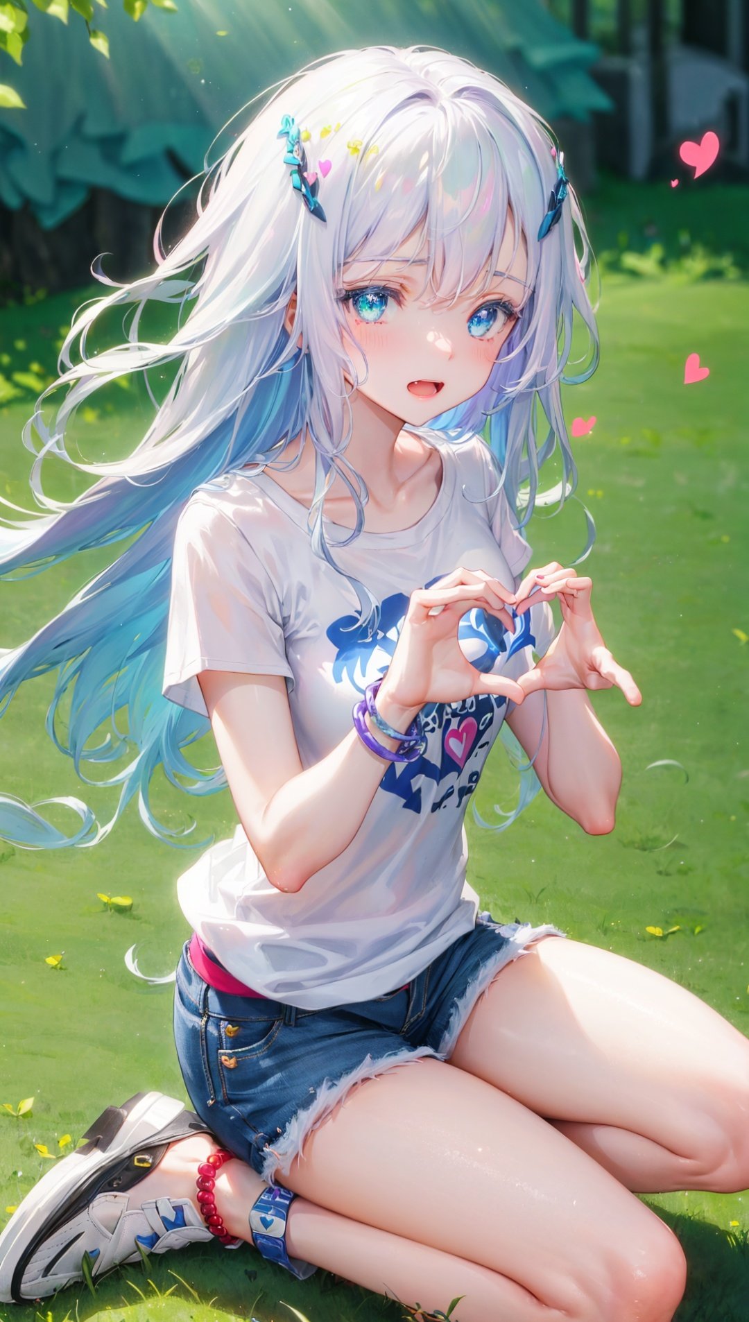 masterpiece, bestquality, highlydetailed, ultra-detailed, hmlacia, leicia, (purple hair:white hair:blue hair:1.125), long hair, hair ornament, ice blue eyes, delicate eyebrows, (solo:1.2), 1 girl, (heart-shaped hands:1.2), performing heart hand gesture, (heart gesture), making heart sign, joyful expression, (flowing hair:1.2), (radiant hair), (rosy cheeks), (sparkling eyes), casual outfit, (colorful t-shirt), denim shorts, (white sneakers), (dainty anklet), (sunny day), (green grass),   (blue sky), (vibrant colors), (dynamic composition), (bokeh effect), (soft sunlight), (summer vibes)