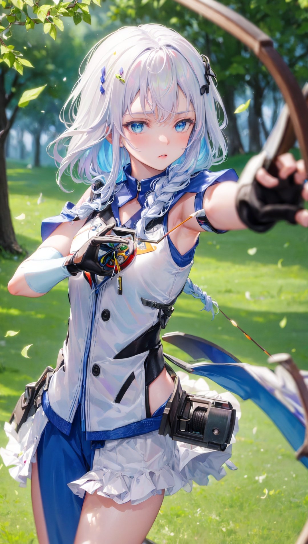 masterpiece, bestquality, highlydetailed, ultra-detailed, hmlacia, leicia, (purple hair:white hair:blue hair:1.125), long hair, hair ornament, ice blue eyes, delicate eyebrows, (solo:1.2), 1 girl, archer, focused, determined, skilled, shooting arrow, bow and arrow, concentration, athletic, (braided hair:1.2), intense gaze, competitive, motion blur, outdoors, greenery, sunny, natural lighting, (wind-blown hair), (archery gloves), (straining muscles),   confidence, (archery competition)