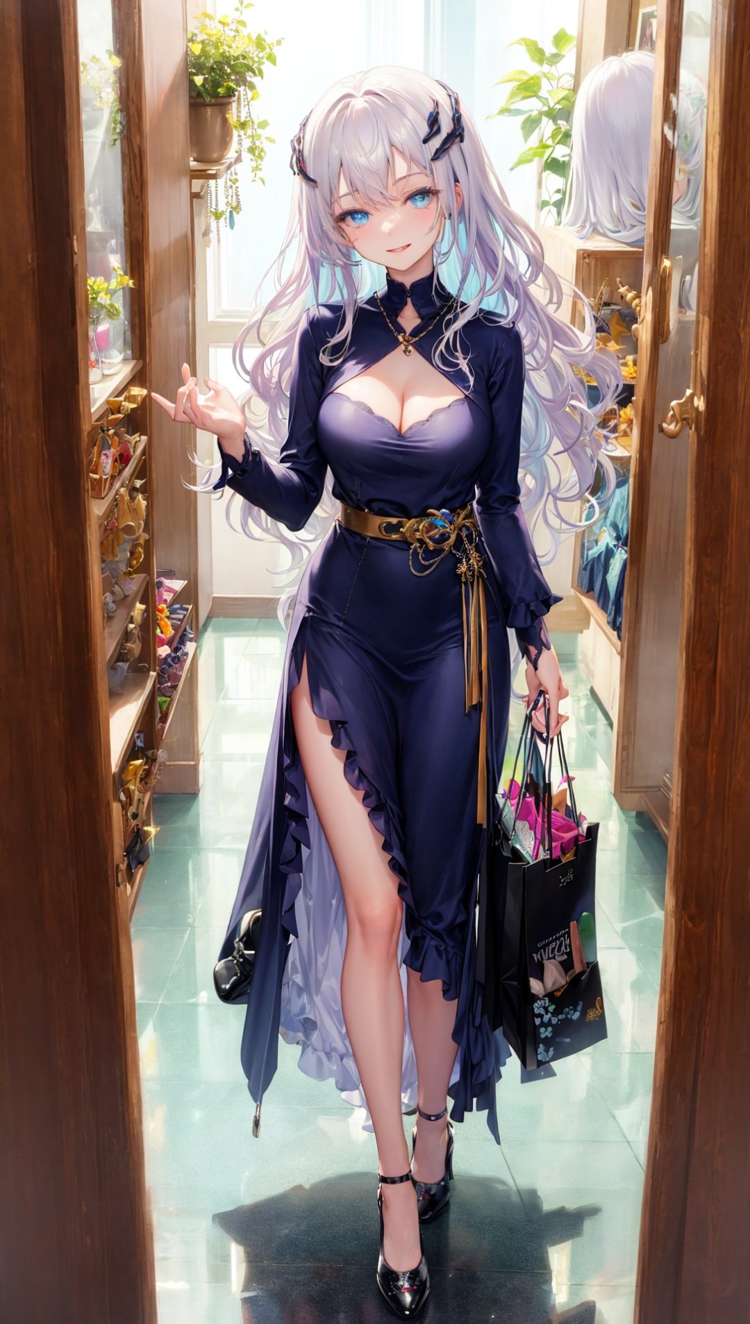 masterpiece,bestquality,highlydetailed,ultra-detailed,highres,hmlacia,leicia,(purple hair:white hair:blue hair:1.025),long hair,(long wavy hair:1.2),hair ornament,ice blue eyes,delicate eyebrows,solo,1 girl,browsing,high heels,shoe store,fashionable,trendy,diverse,colorful,(sparkling:1.2),(variety of designs:1.3),(shoe racks:1.1),(reflection on the floor:0.9),(large mirror:1.2),(display window:1.1),(decorative plants:0.8),(soft lighting:1.2),(stylish outfits:1.2),(dressing room:0.9),(fitting different pairs:1.1),(confident:1.1),(outdoor street view:0.7),(shopping bags:1.1),(price tags:0.9),(fashionable accessories:1.1),(trying on:1.2),(pleased expression:1.2),(Close-up:1.2),