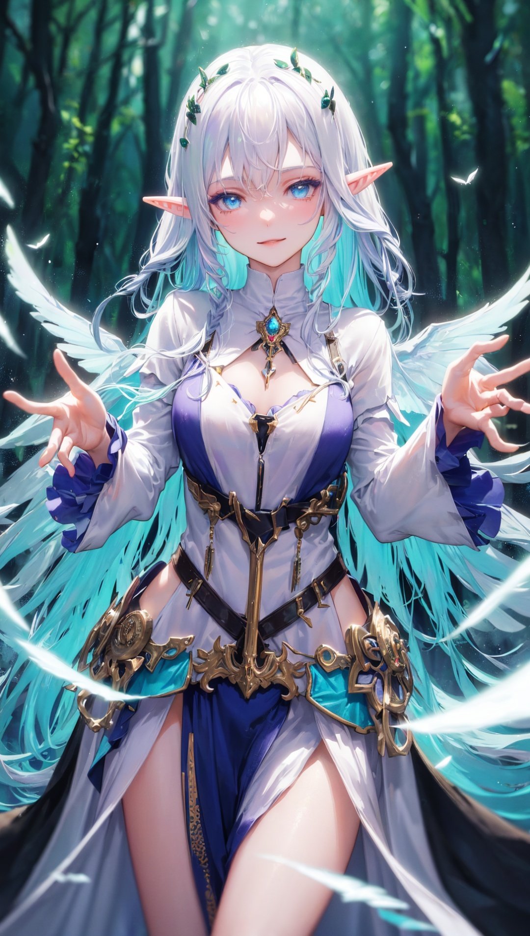 masterpiece, bestquality, highlydetailed, ultra-detailed, hmlacia, leicia, (purple hair:white hair:blue hair:1.125), long hair, hair ornament, ice blue eyes, delicate eyebrows, (solo), 1 girl, cosplaying as an elf, ethereal appearance, (flawless skin:1.2), enchanting smile, sparkling eyes, (long pointed ears:1.1), flowing hair with intricate braids, (elaborate headdress:1.3), (shimmering makeup:1.2), (mystical aura:1.1), (elven dress:1.2), (flowing robes:1.1),  (nature-inspired patterns:0.9), (glittering accessories:1.2), (magical staff:1.1), (fanciful wings:1.3), (forest backdrop:1.2), (dappled sunlight:1.1), (mystical forest creatures:1.2), (ethereal glow:1.1), (posing gracefully:1.4), (casting a spell:1.2), (mysterious expression:1.1),  (fantasy setting:1.1), (magical effects:1.2),