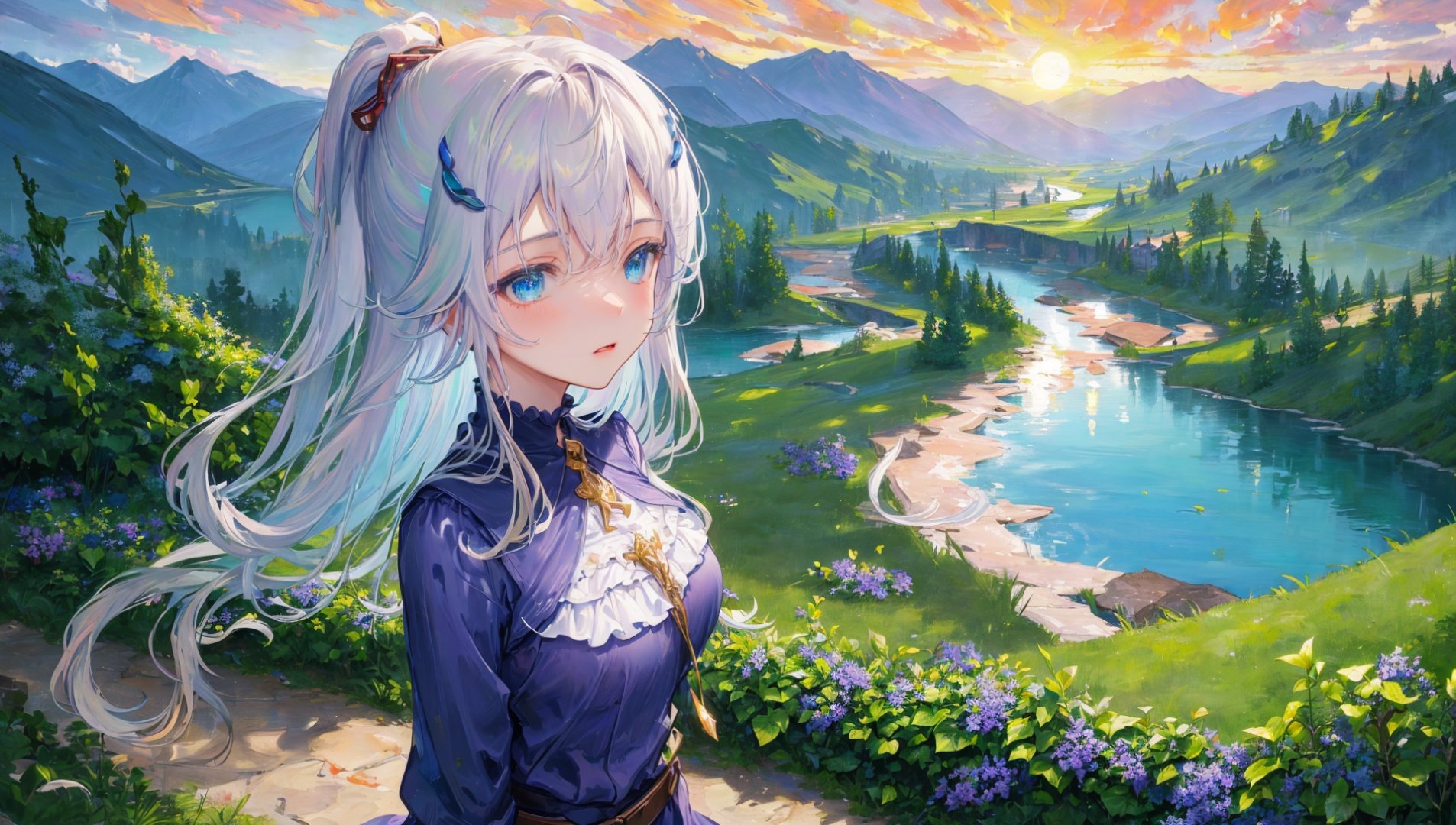 masterpiece,bestquality,highlydetailed,ultra-detailed,hmlacia,leicia,(blue-purple-white hair:1.2),long hair,(ponytail:0.8),hair ornament,ice blue eyes,delicate eyebrows,(solo),1 girl,(majestic landscape),(mesmerizing scenery),(dramatic lighting),(vibrant colors),(impressionist painting),(serene atmosphere),(captivating view),(lush vegetation),(tranquil lake),(towering mountains),(whispering breeze),(peaceful setting),(golden sunset),(serene moonlit night),(idyllic countryside),(crystal-clear water),(rustic charm),(blissful meadow),(enchanted forest),(rolling hills),(starry night sky),(dreamy clouds),(hidden paths),(gentle streams),(breath-taking view),