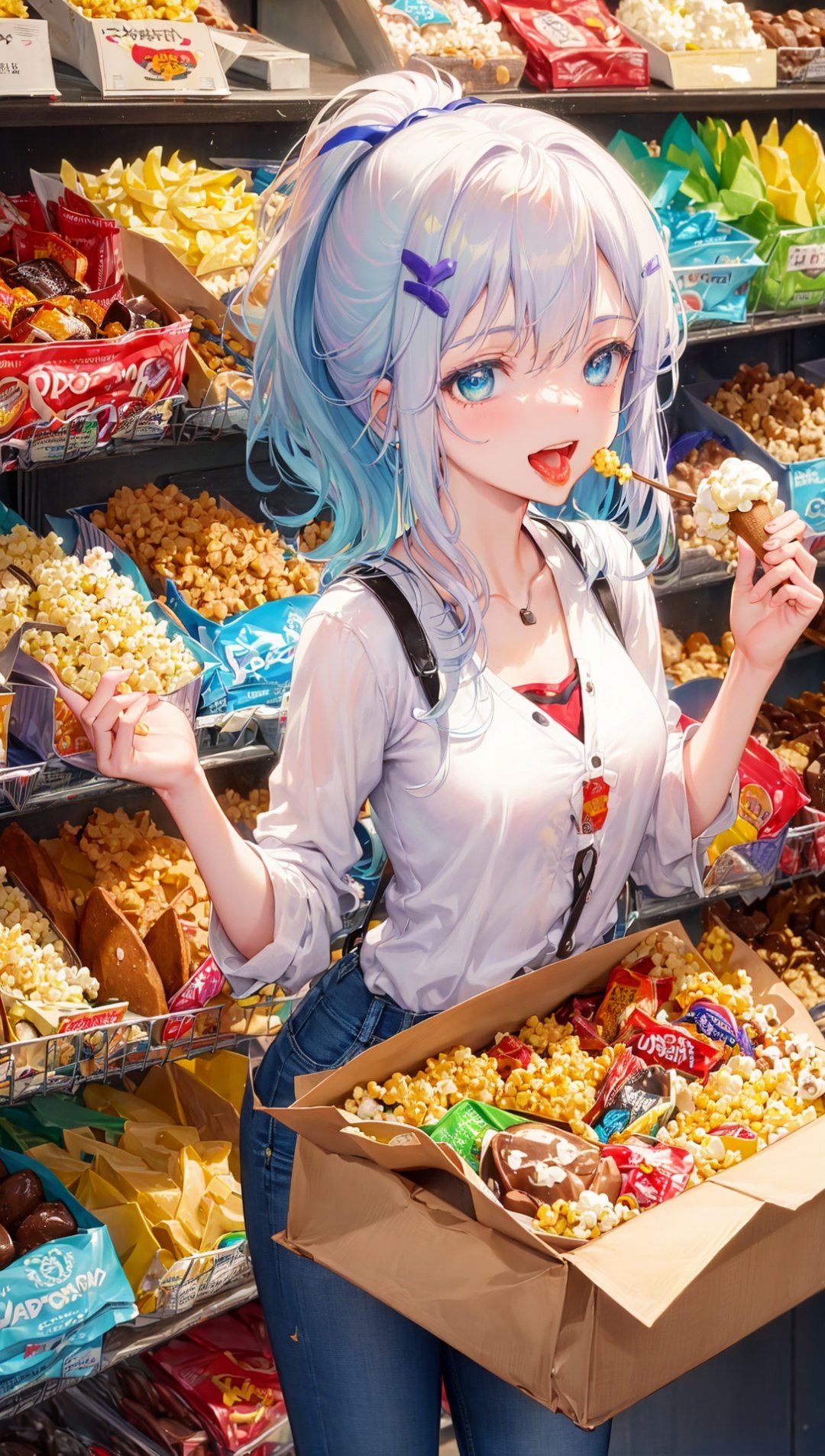 masterpiece, bestquality, highlydetailed, ultra-detailed, hmlacia, leicia, (purple hair:white hair:blue hair:1.125), long hair, hair ornament, ice blue eyes, delicate eyebrows, (solo:1.2),1 girl, snacking, choosing, supermarket aisle, colorful packaging, excited, happy expression, curly hair, (ponytail:1.2), casual outfit, jeans, sneakers, shopping cart, shelves stocked with snacks, bright lighting, (crispy chips:1.3), (sweet candies:1.1), (chocolate bars:1.1), (sour gummies:1.1), (salty crackers:1.1),  (spicy snacks:1.1), (healthy options:0.8), (tempting treats:1.2), (variety:1.2), (tempting aroma:1.3), (enticing displays:1.2), (fun packaging:1.2), (mouthwatering:1.3), (crunchy:1.1), (sweet and savory:1.2), (satisfying munchies:1.3), (delicious:1.2), (tasty:1.2), (snacks from around the world:1.3), (mixed nuts:1.1), (fruit snacks:1.1), (popcorn:1.1), (beverage section:1.1), (cheese selection:1.1), (cookie aisle:1.1), (ice cream section:1.1), (grab-and-go snacks:1.2)