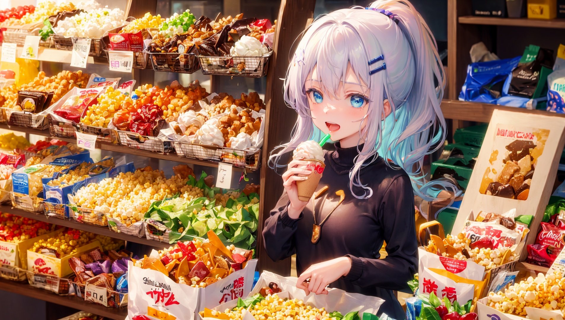 masterpiece, bestquality, highlydetailed, ultra-detailed, hmlacia, leicia, (purple hair:white hair:blue hair:1.125), long hair, hair ornament, ice blue eyes, delicate eyebrows, (solo:1.2),1 girl, snacking, choosing, supermarket aisle, colorful packaging, excited, happy expression, curly hair, (ponytail:1.2), casual outfit, jeans, sneakers, shopping cart, shelves stocked with snacks, bright lighting, (crispy chips:1.3), (sweet candies:1.1), (chocolate bars:1.1), (sour gummies:1.1), (salty crackers:1.1),  (spicy snacks:1.1), (healthy options:0.8), (tempting treats:1.2), (variety:1.2), (tempting aroma:1.3), (enticing displays:1.2), (fun packaging:1.2), (mouthwatering:1.3), (crunchy:1.1), (sweet and savory:1.2), (satisfying munchies:1.3), (delicious:1.2), (tasty:1.2), (snacks from around the world:1.3), (mixed nuts:1.1), (fruit snacks:1.1), (popcorn:1.1), (beverage section:1.1), (cheese selection:1.1), (cookie aisle:1.1), (ice cream section:1.1), (grab-and-go snacks:1.2)