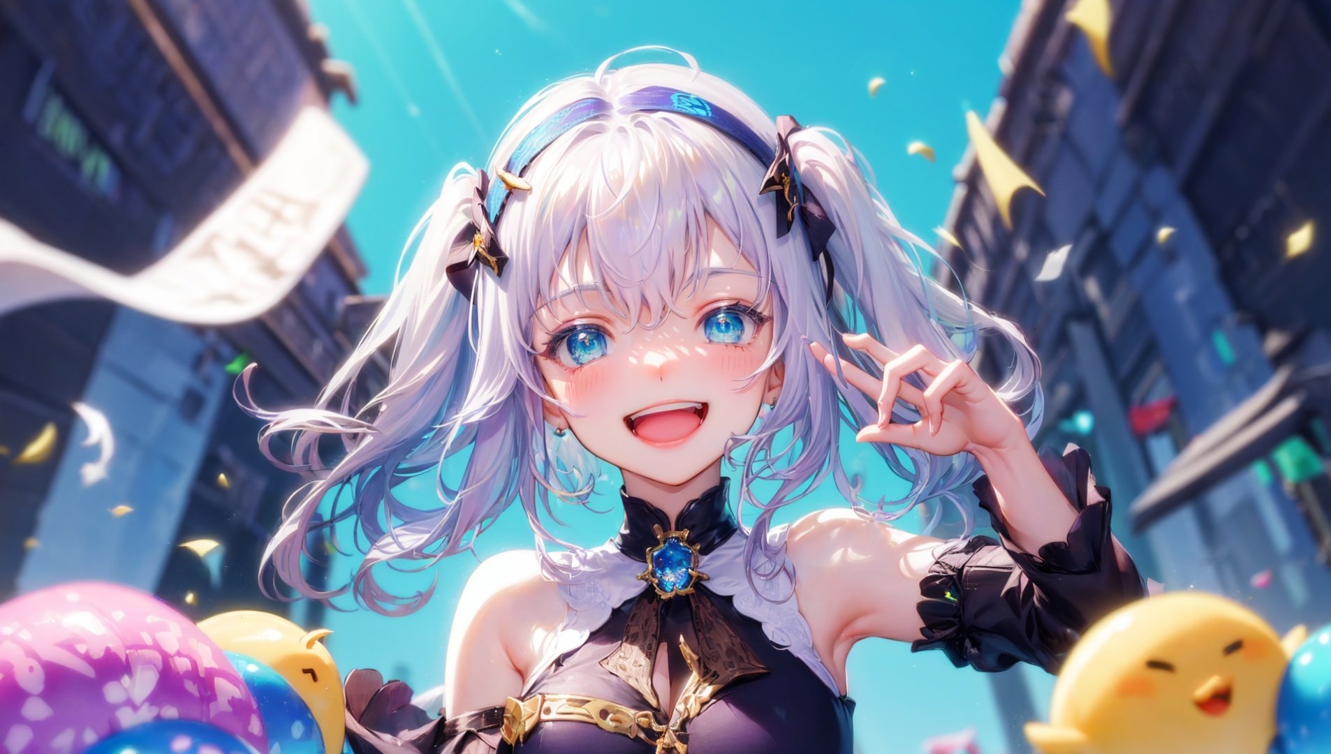 masterpiece, bestquality, highlydetailed, ultra-detailed, hmlacia, leicia, (purple hair:white hair:blue hair:1.125), long hair, hair ornament, ice blue eyes, delicate eyebrows, (solo:1.2), 1 girl, engrossed in a hilarious and adorable prank, giggling expression, vibrant background, comedic, cute, (gleaming eyes:1.2), playful pigtails, (colorful headband with whimsical ornaments:1.1), whimsical outfit, (mischievous laughter:1.3), (silly antics:1.2), (quirky props:1.2), (uproarious comedy:1.2), (charming atmosphere:1.2), entertaining, sunny day in a lively park, surrounded by laughter and joy, (lush greenery:1.1), (colorful flowers:1.1), (smiling faces:1.2), (giggles and chuckles:1.3), delightful interaction, (adorable expressions:1.2), (playful energy:1.2), heartwarming storytelling