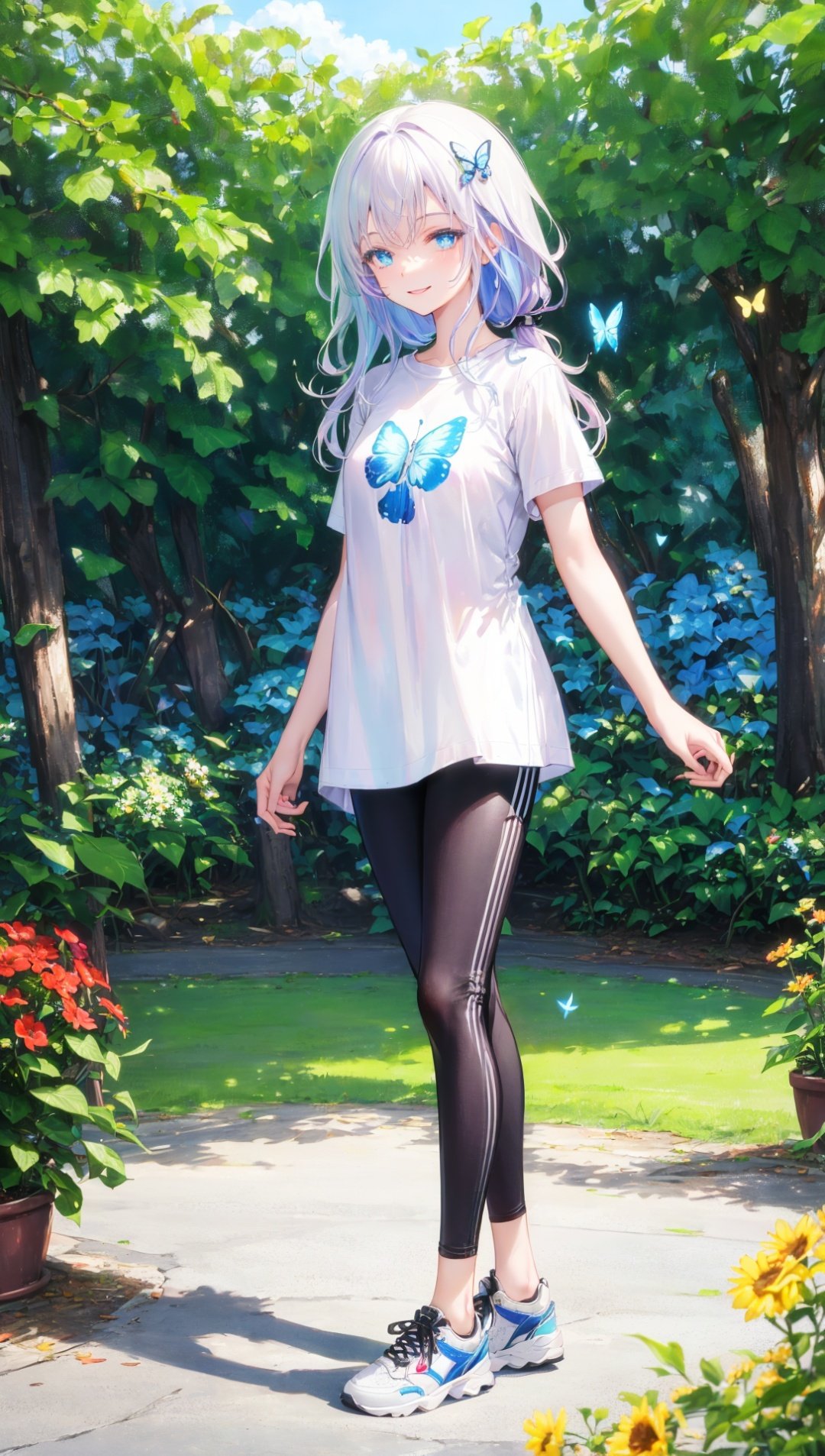 masterpiece, bestquality, highlydetailed, ultra-detailed, hmlacia, leicia, (purple hair:white hair:blue hair:1.125), long hair, hair ornament, ice blue eyes, delicate eyebrows, (solo:1.2), 1 girl, t-shirt, leggings, casual style, comfortable, relaxed, (white t-shirt:1.2), (black leggings:1.1), (sneakers:1.2), (loose-fit t-shirt:1.1), (casual hairstyle:1.1), (minimal makeup:0.8), (natural beauty:1.2), (smiling expression:1.1), (standing pose:1.2),(green park:0.9), (shady trees), (sunny day), (gentle breeze:1.1),  (colorful flowers:0.8), (playful butterflies), (picnic blanket), (relaxing outdoor setting), (peaceful ambiance:1.1), (carefree vibe:1.2), (enjoying nature:1.1),  (serene mood:1.1).