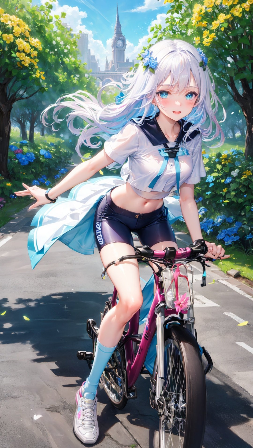 masterpiece, bestquality, highlydetailed, ultra-detailed, hmlacia, leicia, (purple hair:white hair:blue hair:1.125), long hair, hair ornament, ice blue eyes, delicate eyebrows, (solo), 1 girl, bicycle, sunny day, gentle breeze, (flowing hair:1.2), radiant smile, (sparkling eyes:1.3), rosy cheeks, (playful expression:1.1), fashionable outfit, (fitting crop top:1.3), denim shorts, (colorful sneakers:1.2), (dainty accessories:1.1), (flower crown:1.2), (frilly socks:1.1), (glowing skin:1.3), (natural makeup:1.1), (cheerful pink blush:1.2), (glossy lips:1.1), (carefree attitude:1.2), (scenic route:1.3), (blooming flowers:1.4), (green meadows:1.2), (blue sky:1.3), (joyful laughter:1.1), (bicycle basket:1.2), (streaming ribbons:1.3), (carefree spirit:1.1), (bicycle bell:1.2), (adventurous journey:1.3), (exploring the city:1.4), (positive energy:1.2), (enjoying the freedom:1.1)