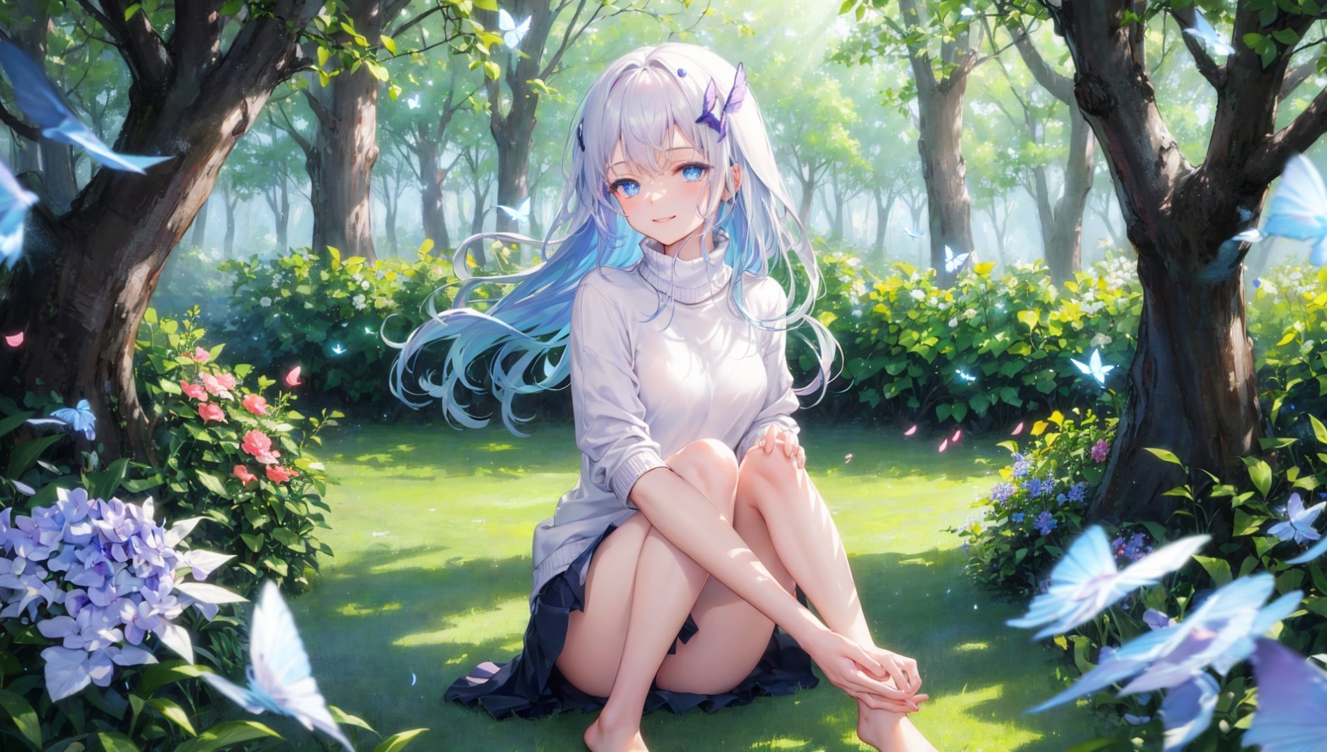 masterpiece,bestquality,highlydetailed,ultra-detailed,hmlacia,leicia,(purple hair:white hair:blue hair:1.025),long hair,hair ornament,ice blue eyes,delicate eyebrows,solo,1 girl,gentle and soothing presence,radiating warmth and comfort,serene smile,soft and tender eyes,nurturing nature,healing touch,wearing a cozy oversized sweater,pastel colors,floral patterns,flowing skirt,light and airy fabric,barefoot,surrounded by flowers and butterflies,sunlight filtering through trees,peaceful and serene background,calm and tranquil atmosphere,soft and gentle breeze,birds chirping in the distance,a sense of tranquility and serenity,embracing nature's beauty,a symbol of hope and positivity,