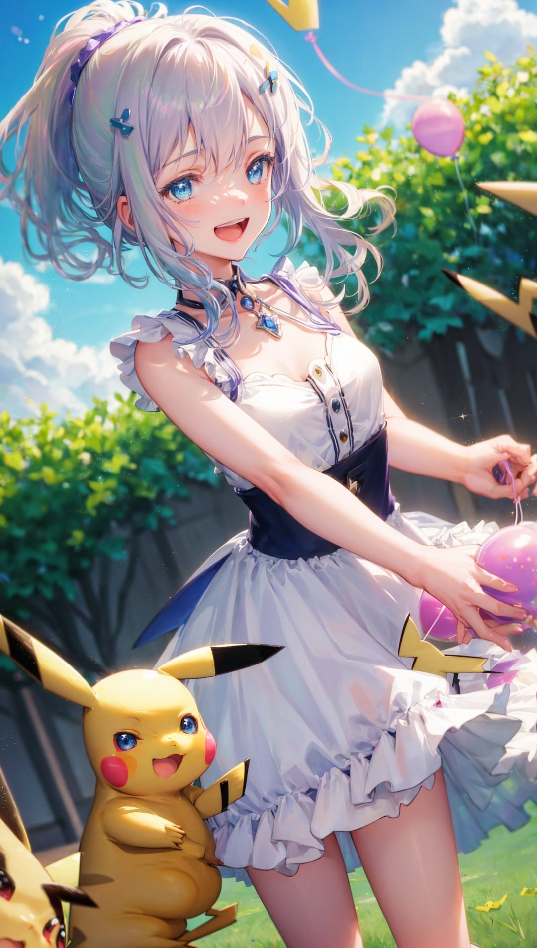 masterpiece, bestquality, highlydetailed, ultra-detailed, hmlacia, leicia, (purple hair:white hair:blue hair:1.125), long hair, hair ornament, ice blue eyes, delicate eyebrows, (solo:1.2), 1 girl, playful, happy, (pikachu:1.3), bright smile, (ponytail:1.2), (sparkling eyes:1.1), (rosy cheeks), (cute dress), (colorful balloons), (dynamic composition:1.4), low angle shot, (bokeh effect), (dappled sunlight), (capturing motion:1.2), grass field, vibrant colors, (fluffy clouds), (giggling), (friendship)