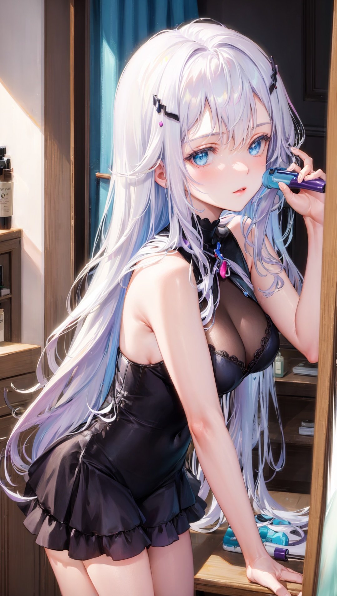 masterpiece, bestquality, highlydetailed, ultra-detailed, hmlacia, leicia, (purple hair:white hair:blue hair:1.125), long hair, hair ornament, ice blue eyes, delicate eyebrows, (solo:1.2), A girl styling her hair in front of a mirror, holding a hairbrush, hairdryer, and styling products. She has long, flowing hair with highlights. The room is brightly lit, and there is a vanity table full of beauty and hair care products. She wears a fashionable outfit and has a confident and stylish expression on her face