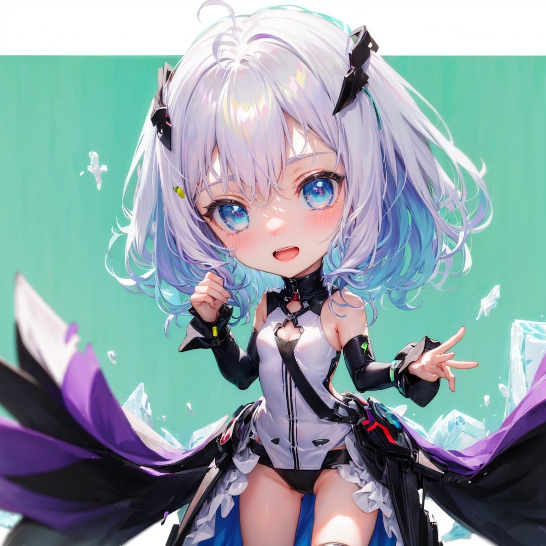 masterpiece, bestquality, highlydetailed, ultra-detailed, hmlacia, leicia, (purple hair:white hair:blue hair:1.125), long hair, hair ornament, ice blue eyes, delicate eyebrows, (solo:1.2),(chibi),chibi girl, cute, small, big eyes, kawaii, pastel colors, happy expression, short hair, oversized head, chibi style clothing, standing, simple background