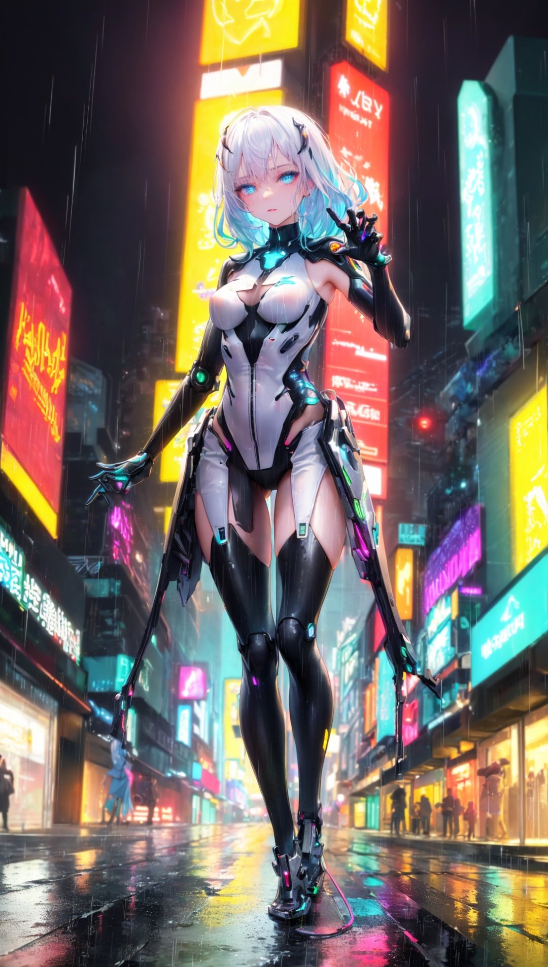 masterpiece, bestquality, highlydetailed, ultra-detailed, hmlacia, leicia, (purple hair:white hair:blue hair:1.125), long hair, hair ornament, ice blue eyes, delicate eyebrows, (solo:1.2), 1 girl cyberpunk city, rainy night, neon lights, futuristic atmosphere, (rain-soaked streets:1.2), (glistening pavement:1.1), fashionable lady, (glowing neon hair:1.3), (vibrant colors:1.2), (edgy hairstyle:1.1), (futuristic fashion:1.3), (eye-catching outfit:1.2), (high-tech accessories:1.1), (reflective surfaces:1.2), (shimmering makeup:1.3), (confident expression:1.2), (urban backdrop:1.1), (dynamic pose:1.3), (raindrops:1.2), (sleek architecture:1.1), (cybernetic enhancements:1.2),  (holographic displays:1.3), (electric atmosphere:1.2), (raincoat:1.1), (techno-gloves:1.2), (city glow:1.3), (synthetic materials:1.2), (rainy ambiance:1.1), (neon reflections:1.2), (urban nightlife:1.3), (cyberpunk vibes:1.2), (enhanced visibility:1.1), (futuristic transportation:1.2), (electric energy:1.3), (dystopian undertones:1.2), (rain-soaked glamour:1.4), (bold fashion statement:1.3), (dynamic lighting:1.2)