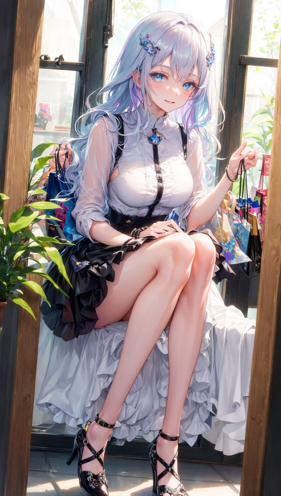 masterpiece,bestquality,highlydetailed,ultra-detailed,highres,hmlacia,leicia,(purple hair:white hair:blue hair:1.025),long hair,(long wavy hair:1.2),hair ornament,ice blue eyes,delicate eyebrows,solo,1 girl,browsing,high heels,shoe store,fashionable,trendy,diverse,colorful,(sparkling:1.2),(variety of designs:1.3),(shoe racks:1.1),(reflection on the floor:0.9),(large mirror:1.2),(display window:1.1),(decorative plants:0.8),(soft lighting:1.2),(stylish outfits:1.2),(dressing room:0.9),(fitting different pairs:1.1),(confident:1.1),(outdoor street view:0.7),(shopping bags:1.1),(price tags:0.9),(fashionable accessories:1.1),(trying on:1.2),(pleased expression:1.2),(Close-up:1.2),