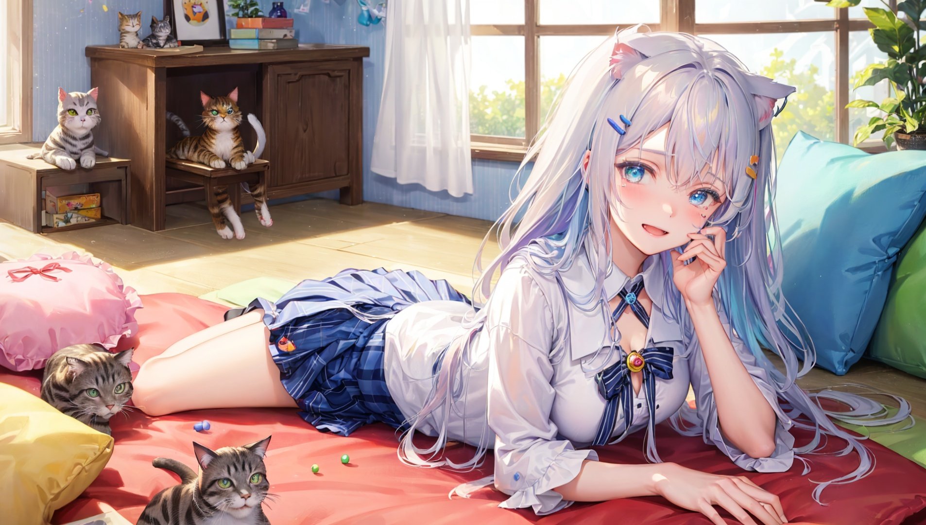 masterpiece, bestquality, highlydetailed, ultra-detailed, hmlacia, leicia, (purple hair:white hair:blue hair:1.125), long hair, hair ornament, ice blue eyes, delicate eyebrows, (solo:1.2), 1 girl, (cat lover:1.2), (big round eyes:1.1), (innocent smile:1.3), (pink blush:0.8), (puffy cheeks), long flowing hair, (colorful hair clips), (colorful striped shirt), (cat print skirt), (knee-high socks), (cat patterned shoes), (cat tail:0.9), (whiskers drawn on face), sitting on the floor, surrounded by cats, (soft lighting), (sunshine pouring in), (colorful toys scattered), (catnip), (feather wand toy), (playing hide and seek), (giggling), (happy expression), (sparkling eyes), (friendly interaction with cats:1.5), (chasing a rolling ball), (rubbing a cat's belly), (gently patting a cat's head), (caressing a cat's soft fur), (cat's joyful reactions), (adorable poses), (captivating atmosphere), (heartwarming scene:1.2), (playful mood), (homely environment), (warm colors), (pastel tones), (cozy room), (illustrated wallpaper:1.1), (cat-themed decorations), (cat-shaped cushions), (cat scratch post), (cat toys hanging), (feline paradise), (cute cat portraits on the wall), (furry companionship), (emotional connection:1.3)