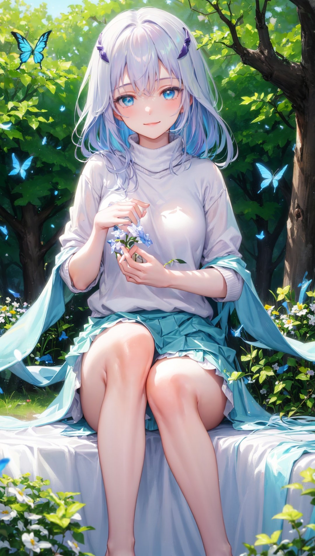 masterpiece,bestquality,highlydetailed,ultra-detailed,hmlacia,leicia,(purple hair:white hair:blue hair:1.025),long hair,hair ornament,ice blue eyes,delicate eyebrows,solo,1 girl,gentle and soothing presence,radiating warmth and comfort,serene smile,soft and tender eyes,nurturing nature,healing touch,wearing a cozy oversized sweater,pastel colors,floral patterns,flowing skirt,light and airy fabric,barefoot,surrounded by flowers and butterflies,sunlight filtering through trees,peaceful and serene background,calm and tranquil atmosphere,soft and gentle breeze,birds chirping in the distance,a sense of tranquility and serenity,embracing nature's beauty,a symbol of hope and positivity,