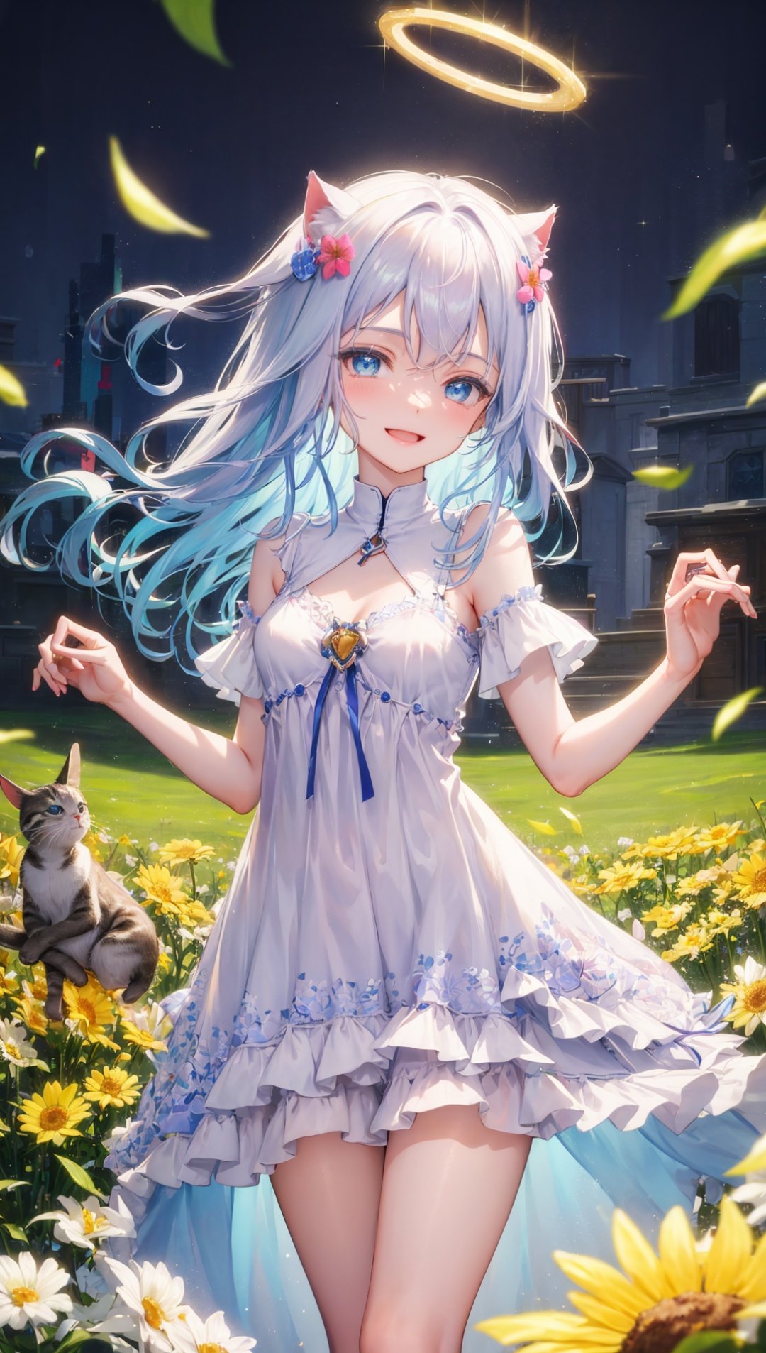 masterpiece,bestquality,highlydetailed,ultra-detailed,hmlacia,leicia,(purple hair:white hair:blue hair:1.025),long hair,hair ornament,ice blue eyes,delicate eyebrows,solo,1 girl, adorable and innocent, embodying a sense of innocence and purity, soft and gentle features, sparkling eyes brimming with joy, a contagious smile that lights up the room, wearing a pastel-colored dress, flowing and lightweight fabric, adorned with cute and whimsical patterns, delicate floral accents in her hair, barefoot, surrounded by fluffy animals, kittens and bunnies playing around her, sunlit meadow with blooming flowers, vibrant colors and a sense of serenity, gentle breeze carrying the scent of flowers, a halo of happiness radiating from her, a beacon of positivity and happiness, brightening everyone's day with her cheerful presence.