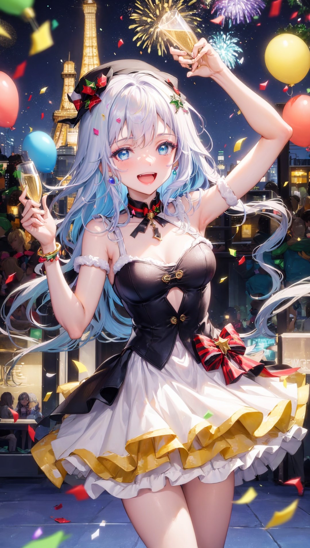 masterpiece, bestquality, highlydetailed, ultra-detailed, hmlacia, leicia, (purple hair:white hair:blue hair:1.125), long hair, hair ornament, ice blue eyes, delicate eyebrows, (solo), 1 girl, (festive atmosphere), (party), (sparkling decorations), (confetti), (glittering lights), (fireworks), (countdown), (festive hat), (party dress), (shimmering outfit), (dancing), (laughing), (cheering), (toasting), (champagne), (celebratory atmosphere), (joyful smiles), (excitement), (new beginnings), (hopeful wishes), (balloons), (streamers), (glamorous makeup), (festive accessories), (dazzling jewelry), (Eiffel Tower), (Times Square), (city skyline), (crowd), (festive crowd), (live music), (dance floor), (sparkling champagne glass), (reflection), (celebratory spirit), (unforgettable night), (positive energy), (optimistic vibes), (joyful anticipation)