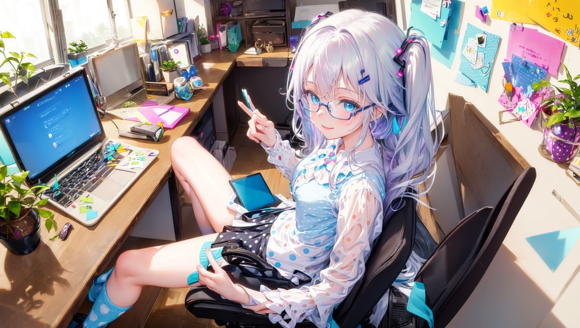 masterpiece, bestquality, highlydetailed, ultra-detailed, hmlacia, leicia, (purple hair:white hair:blue hair:1.125), long hair, hair ornament, ice blue eyes, delicate eyebrows, (solo:1.2),1 girl, working in a cute and cozy office setting, (adorable:1.2), (bright colors), (playful decor), (polka-dot blouse:1.3), (floral skirt), (colorful socks), (bunny slippers:1.1), (glasses:1.2), (pigtails), (focused expression), (organized workspace), (colorful stationery), (cute accessories), (smiling laptop), (cheerful atmosphere), (inspiring quotes), (whimsical artwork:0.9), (comfortable desk chair:1.2), (paperwork), (colorful sticky notes:1.1), (positive vibes:1.3), (fun office supplies), (cute office gadgets), (office plant), (productive work ethic), (delightful work environment), (happy and efficient), (enjoying her tasks)