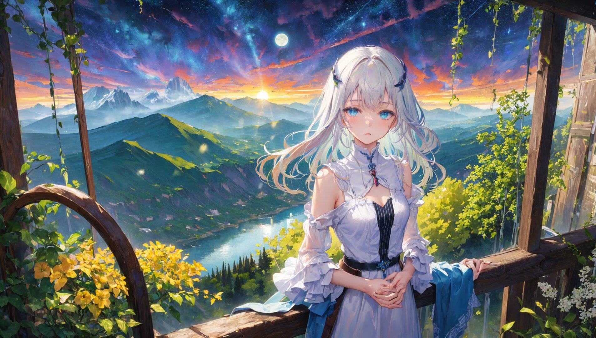 masterpiece,bestquality,highlydetailed,ultra-detailed,hmlacia,leicia,(blue-purple-white hair:1.2),long hair,(ponytail:0.8),hair ornament,ice blue eyes,delicate eyebrows,(solo),1 girl,(majestic landscape),(mesmerizing scenery),(dramatic lighting),(vibrant colors),(impressionist painting),(serene atmosphere),(captivating view),(lush vegetation),(tranquil lake),(towering mountains),(whispering breeze),(peaceful setting),(golden sunset),(serene moonlit night),(idyllic countryside),(crystal-clear water),(rustic charm),(blissful meadow),(enchanted forest),(rolling hills),(starry night sky),(dreamy clouds),(hidden paths),(gentle streams),(breath-taking view),