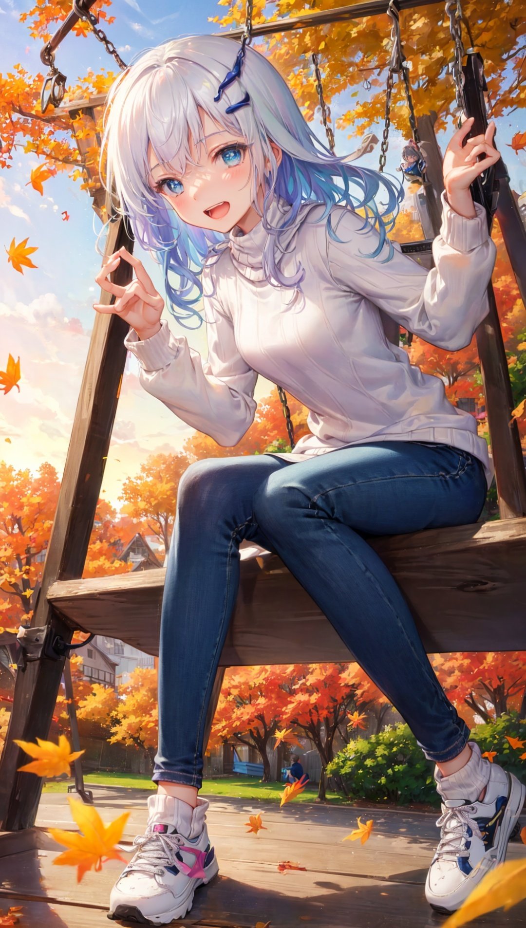 masterpiece, bestquality, highlydetailed, ultra-detailed, hmlacia, leicia, (purple hair:white hair:blue hair:1.125), long hair, hair ornament, ice blue eyes, delicate eyebrows, (solo), 1 girl, playing, swinging, autumn, (swing set), (colorful fall leaves), (sunny day), (blissful expression), (joyful laughter), (golden hour lighting), (gentle breeze), (fallen leaves), (playful pose), (flowing hair), (fun-filled atmosphere), (peaceful park), (rustling trees), (playground),  (carefree), (whimsical), (relaxing), (serene), (happy), (tidal swings), (swinging rhythm), (vibrant colors), (playground equipment), (wooden plank seat), (playtime), (child-like innocence), (autumn outfit), (cozy sweater), (jeans), (sneakers), (autumn scenery), (nature's beauty), (nostalgic), (carefree spirit), (simple joys), (captivating moment), (enjoying outdoors), (natural backdrop), (sunset glow)