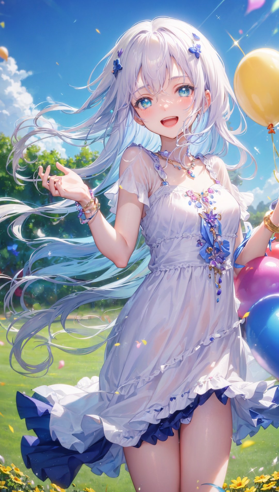 masterpiece, bestquality, highlydetailed, ultra-detailed, hmlacia, leicia, (purple hair:white hair:blue hair:1.125), long hair, hair ornament, ice blue eyes, delicate eyebrows, (solo), 1 girl, long and flowing hair, (sparkling eyes:1.2), rosy cheeks, joyous expression, carefree attitude, (delicate necklace:1.1), summer dress, playful movements, twirling, running, (dainty bracelet:1.3), dancing, jumping, colorful balloons, laughter, sunlight, (bokeh effect:1.4), vibrant flowers, lush green grass,  blue sky, playful atmosphere, happiness, freedom, whimsical, magical, basking in the moment, childlike joy, peaceful surroundings