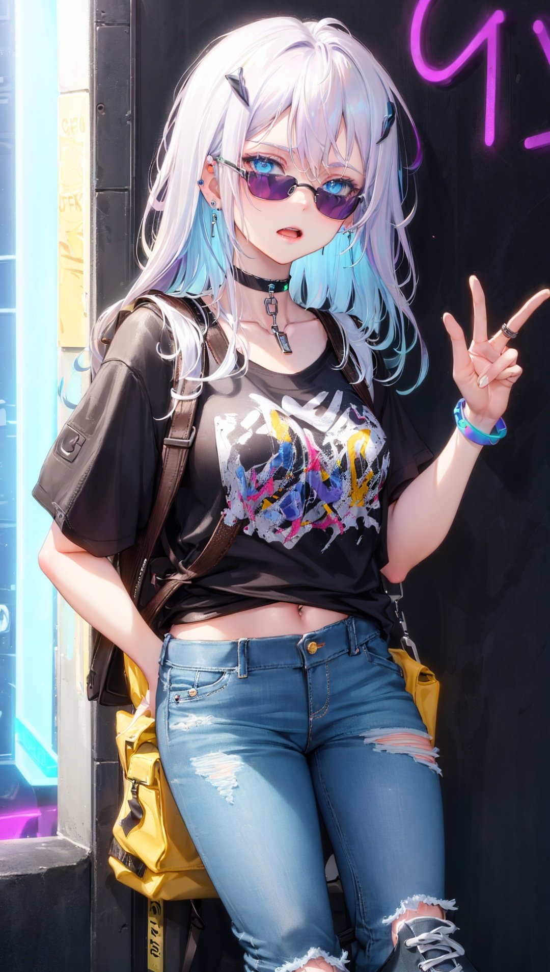 masterpiece, bestquality, highlydetailed, ultra-detailed, hmlacia, leicia, (purple hair:white hair:blue hair:1.125), long hair, hair ornament, ice blue eyes, delicate eyebrows, (solo:1.2),1 girl, trendy, fashionable, stylish, modern, urban, (hipster:1.2), (edgy:1.3), (piercings:1.2), (oversized sunglasses:1.3), (graphic t-shirt:1.2), (ripped jeans:1.2), (sneakers:1.1), (chunky sneakers:1.3), (statement accessories:1.2), (choker necklace:1.1), (trendy backpack:1.2), (temporary tattoos:0.9), (neon lights background:1.4), (urban graffiti:1.3), (street art:1.2), (cityscape:1.1), (vibrant colors:1.2), energetic, confident, (selfie pose:1.1), (playful expression:1.2),  (street style:1.3), (fashion icon:1.5), (photogenic:1.2)