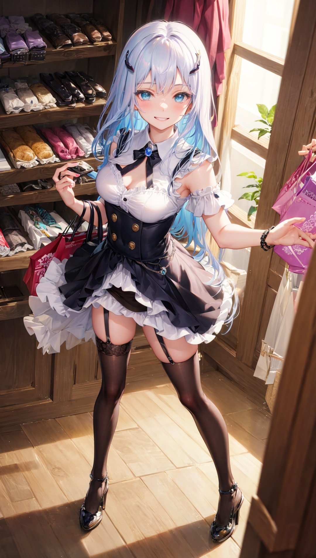 masterpiece,bestquality,highlydetailed,ultra-detailed,hmlacia,leicia,(purple hair:white hair:blue hair:1.025),long hair,hair ornament,ice blue eyes,delicate eyebrows,solo,1 girl,selecting a large variety of stockings,solo,determined,focused expression,beautiful detailed eyes,rosy cheeks,long flowing hair,(sparkling highlights:1.2),waist-length hair,examining different patterns,colors,and materials,stockings rack,hosiery section,stylish boutique,vibrant lighting,crisp shadows,dressing room with multiple mirrors,shelves full of stockings,stockings in various lengths (thigh-high, knee-high, ankle-length),(lace garter belts:1.1),high heels,short skirt,fitted blouse,shopping bags overflowing with stockings,excited grin,trendy accessories,fashion-forward,confident stance,shopping spree,fashion paradise,shopping mall,elegant displays,meticulous attention to detail,organized chaos,indulging in the world of stockings,overwhelming selection.,
Panoramic shot from a high angle,capturing the entire exquisite boutique filled with stockings.  The camera showcases the vast array of stockings and the girl's selection process.  The scene is bathed in vibrant lighting,with clear shadows adding depth.  Multiple mirrors in the dressing room reflect the girl's determined expression as she examines the stockings.  Shelves behind her are filled with stockings of various lengths,colors,and patterns.  The lace garter belts are displayed prominently.  With overflowing shopping bags in hand,the girl's excited grin and trendy accessories add to the fashion-forward atmosphere.  The store is part of a bustling shopping mall,with elegant displays and meticulous attention to detail.  The scene exudes an organized chaos of indulgence in the world of stockings,creating an overwhelming selection for the girl's shopping spree,