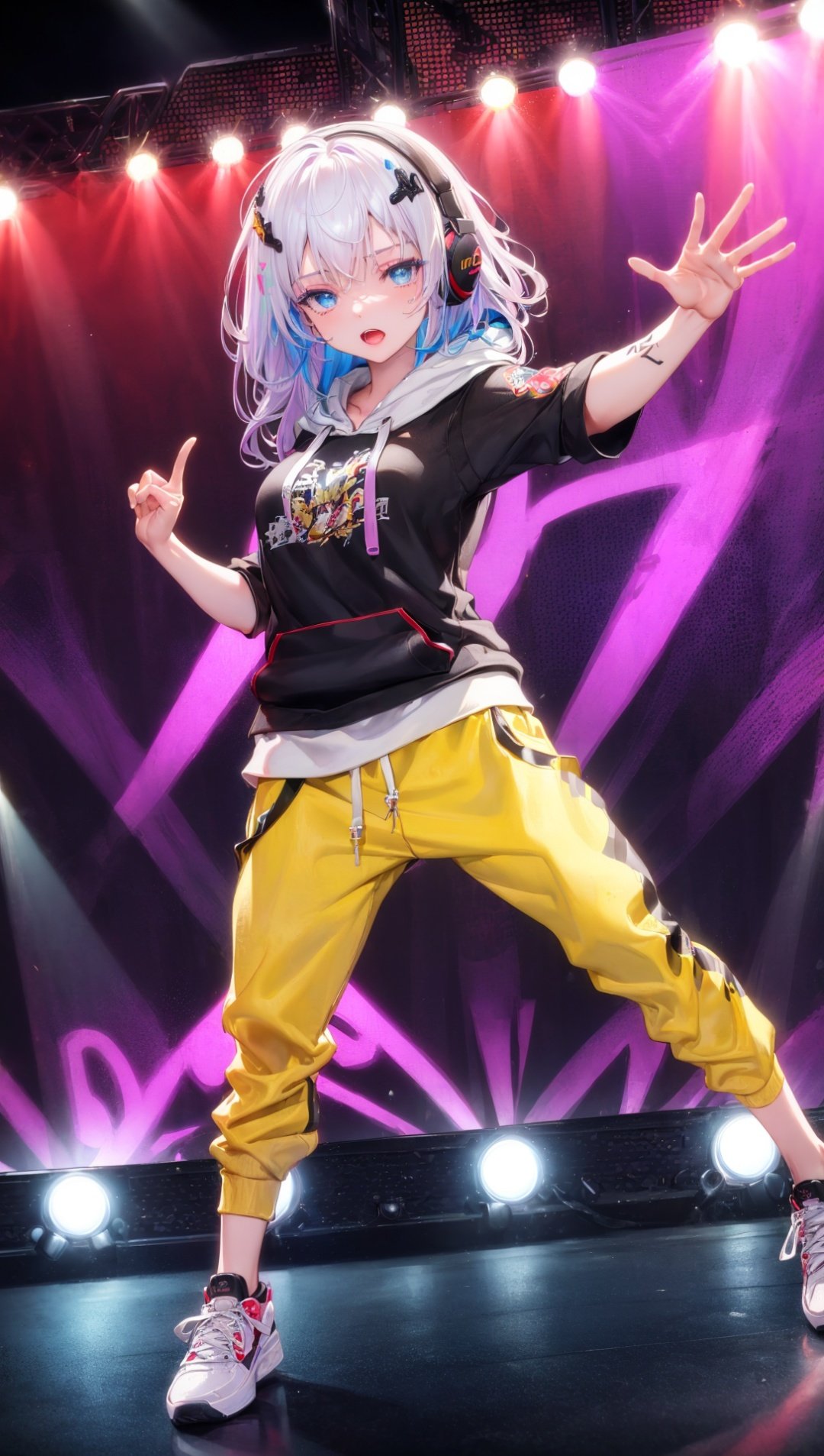 masterpiece, bestquality, highlydetailed, ultra-detailed, hmlacia, leicia, (purple hair:white hair:blue hair:1.125), long hair, hair ornament, ice blue eyes, delicate eyebrows, (solo:1.2),1 girl, rapper, energetic, confident, microphone, stage, spotlight, colorful graffiti backdrop, urban setting, stylish outfit, (hoodie:1.2), (baggy pants:1.1), (sneakers:1.1), (oversized accessories:1.2), (bold makeup:1.1), (statement jewelry:1.1), (tattoos:0.9), (bright stage lights:1.3), (dynamic poses:1.2), (expressive hand gestures:1.2), (powerful lyrics:1.3), (vibrant atmosphere:1.2), (hip-hop culture:1.2), (groovy beats:1.1), (headphones:1.1), (freestyle rhymes:1.2), (breakdance moves:1.1), (gritty urban style:1.1), (street art:1.1), (graffiti spray cans:1.1), (head-bopping audience:1.2), (boombox:1.1), (b-boy crew:1.1), (empowering message:1.3), (lyrical flow:1.2), (bass-heavy music:1.1), (hip-hop fashion:1.2), (dance battles:1.2), (rap battle:1.2)